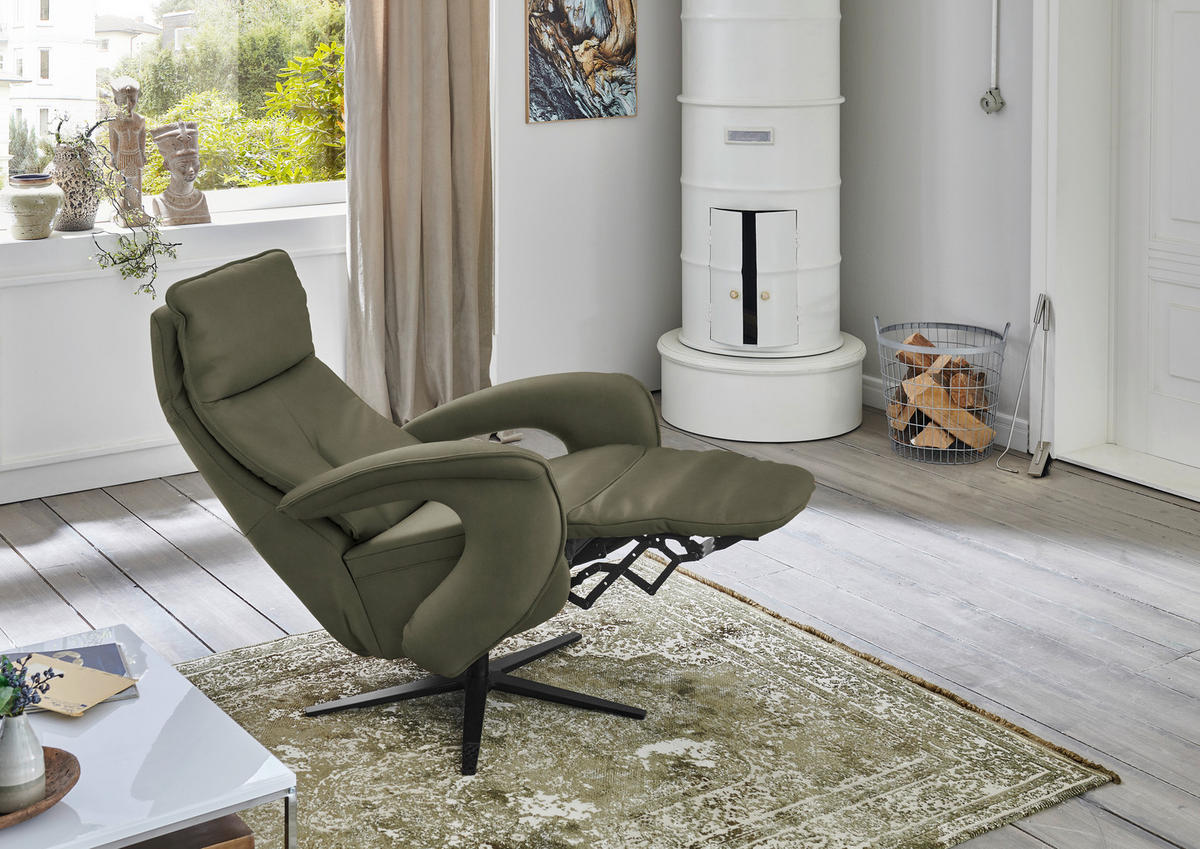 RELAXSESSEL in Leder Graugrün  - Schwarz/Graugrün, Design, Leder/Metall (77/119/87cm) - Valdera