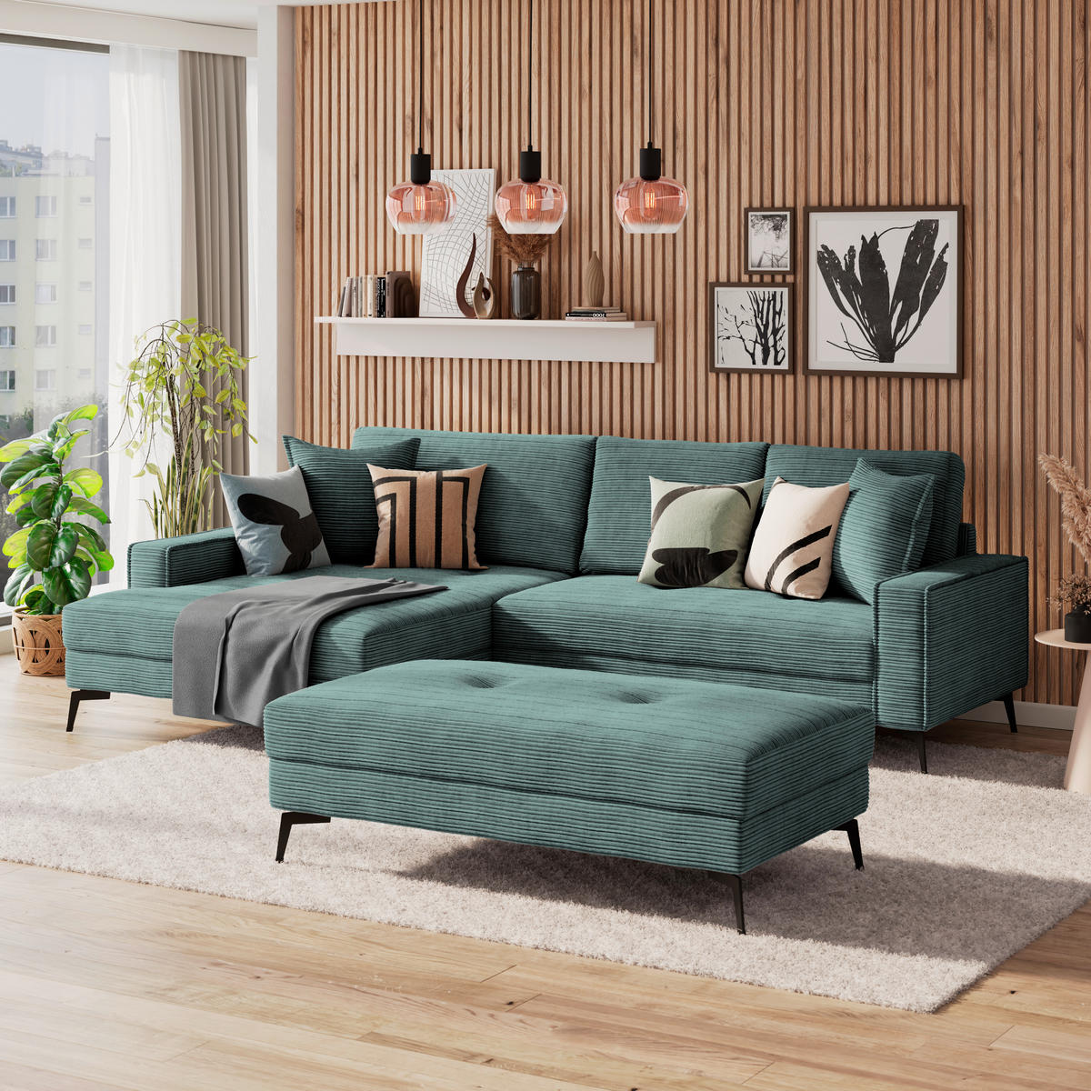 ECKSOFA ZERO Azurblau Cord Zierkissen, Rückenkissen  - Azurblau/Schwarz, Trend, Textil/Metall (173/286cm) - Livetastic