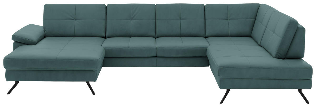 WOHNLANDSCHAFT Lederlook, Mikrofaser Türkis  - Türkis/Schwarz, Design, Textil/Metall (179/343/220cm) - Beldomo System