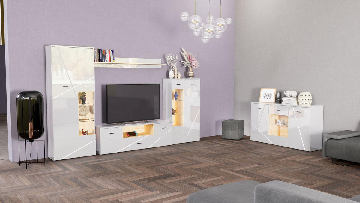 REGAL ZA DNEVNI BORAVAK bijela, boje hrasta   - bijela/srebrne boje, Moderno, staklo/drvni materijal (340/196/40cm) - Hom`in