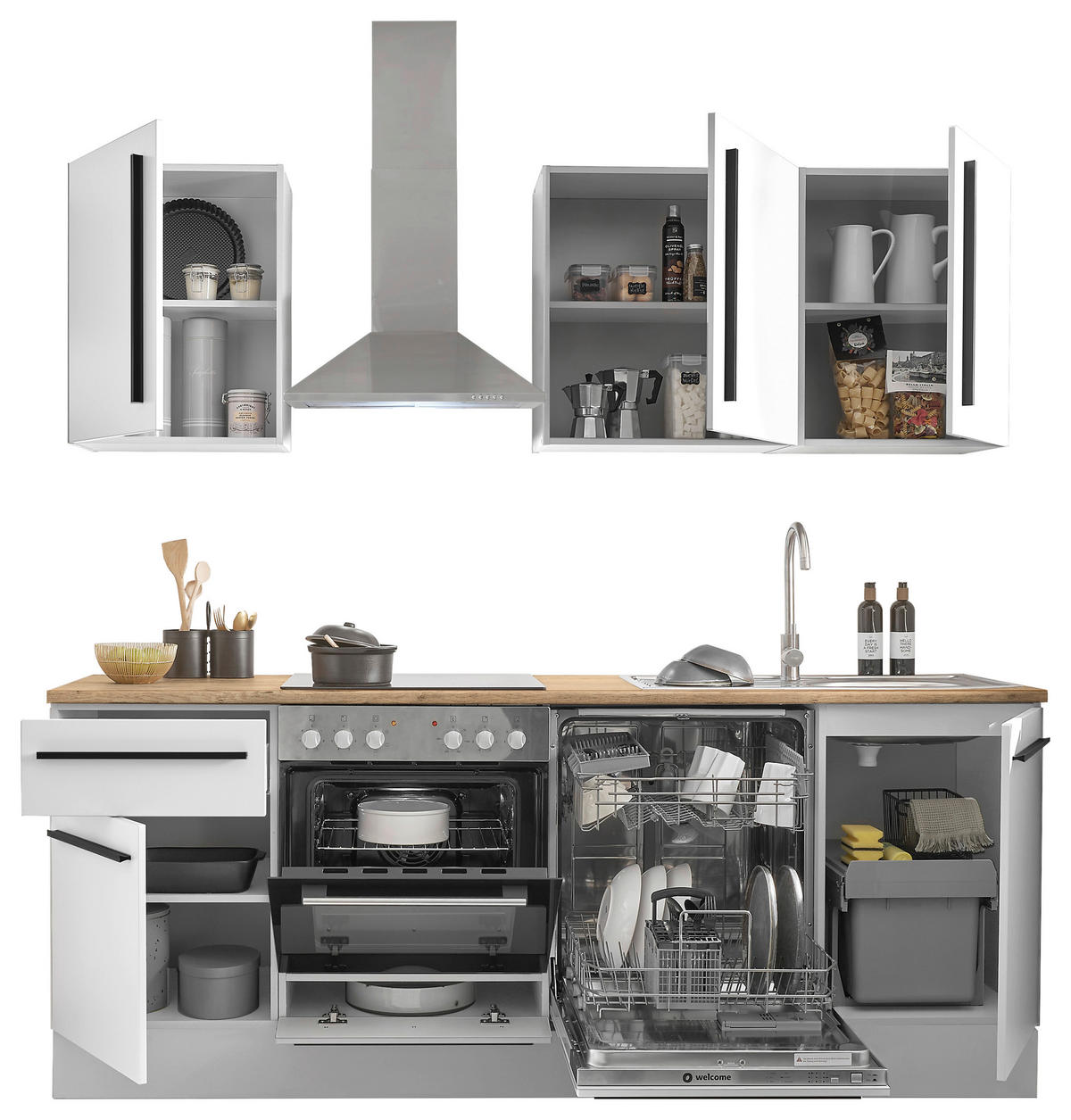 KÜCHENBLOCK 220 cm   in Weiß, Eichefarben  - Eichefarben/Schwarz, Design, Holzwerkstoff/Kunststoff (220cm) - MID.YOU