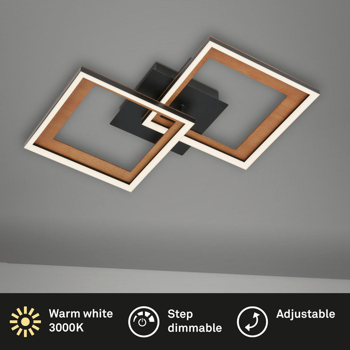 LED SVJETILJKA STROPNA Frame  - crna, Natur, drvo/metal (44/44/8cm)