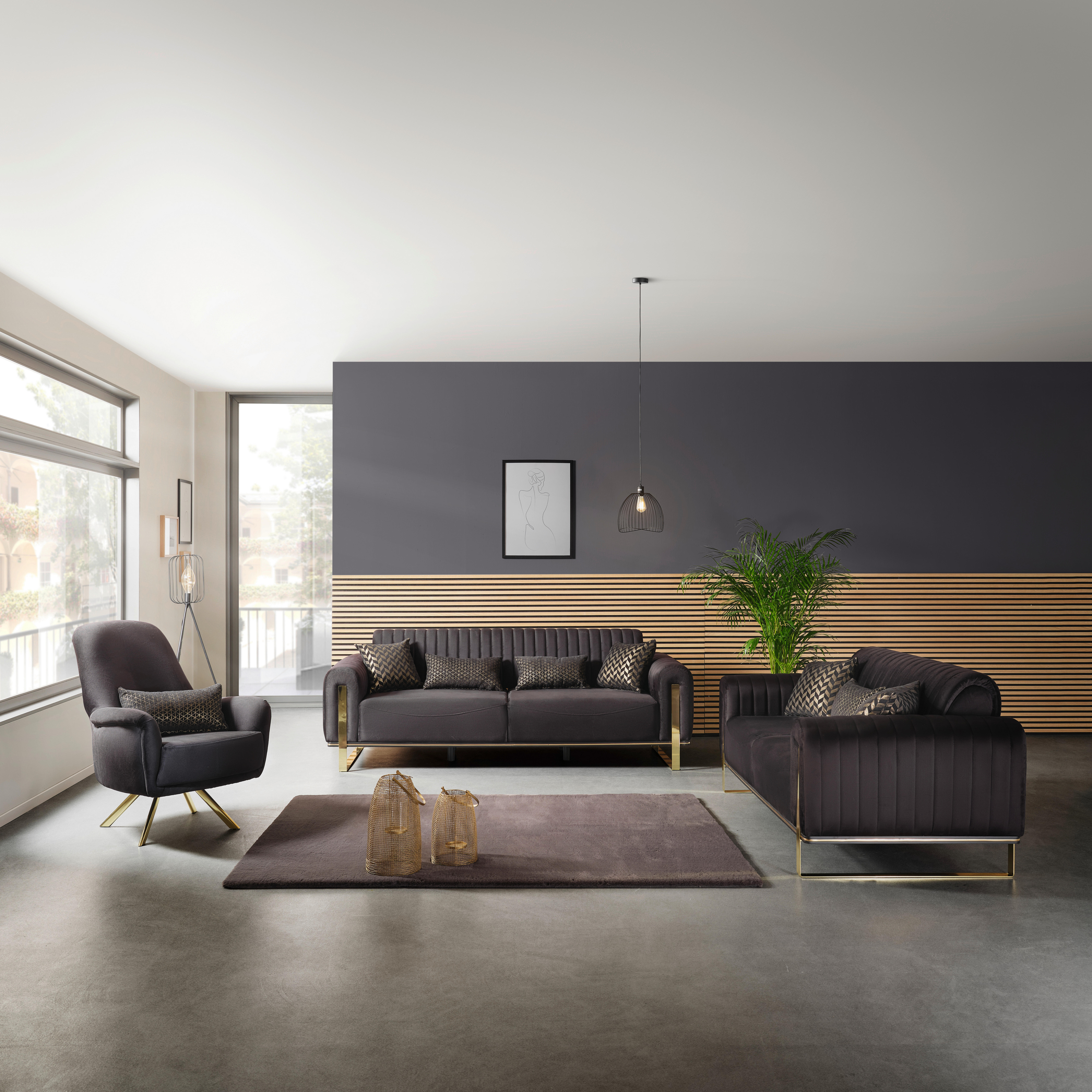 3-SITZER-SOFA Velours Schwarz  - Goldfarben/Schwarz, MODERN, Textil/Metall (230/83/90cm) - Livetastic