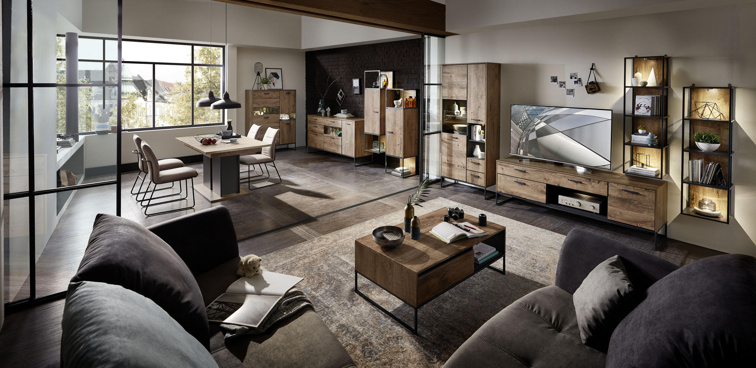 Thumbnail - Livetastic Sideboard, Graphit, Eiche, Metall, 1 Fächer, 2 Schublade(n) Schubladen, 175x75x48 cm, Made in EU, Typenauswah...