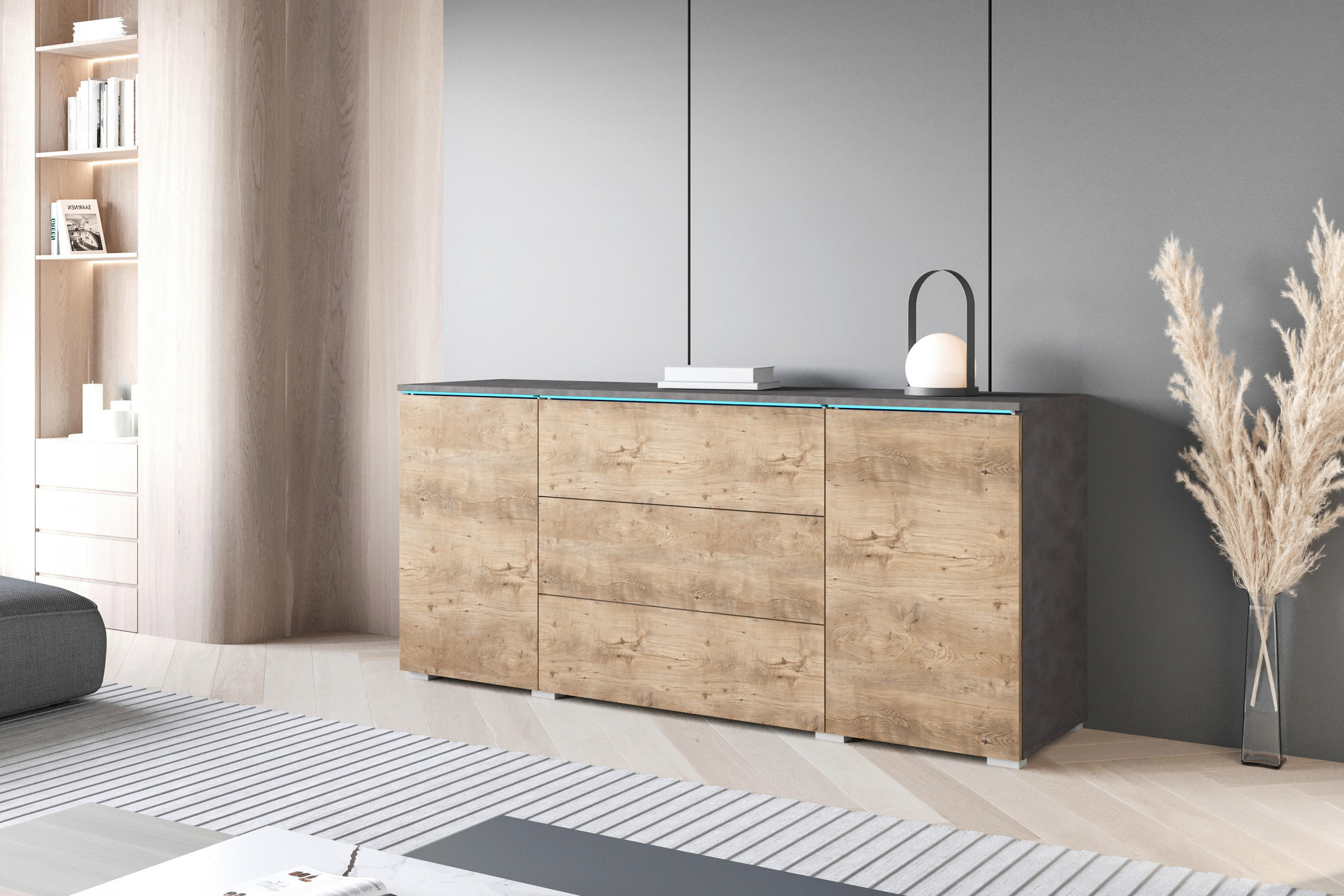 ŠIROKÁ KOMODA, antracitová, barvy dubu košíčkatého, 150/67,9/39,5 cm