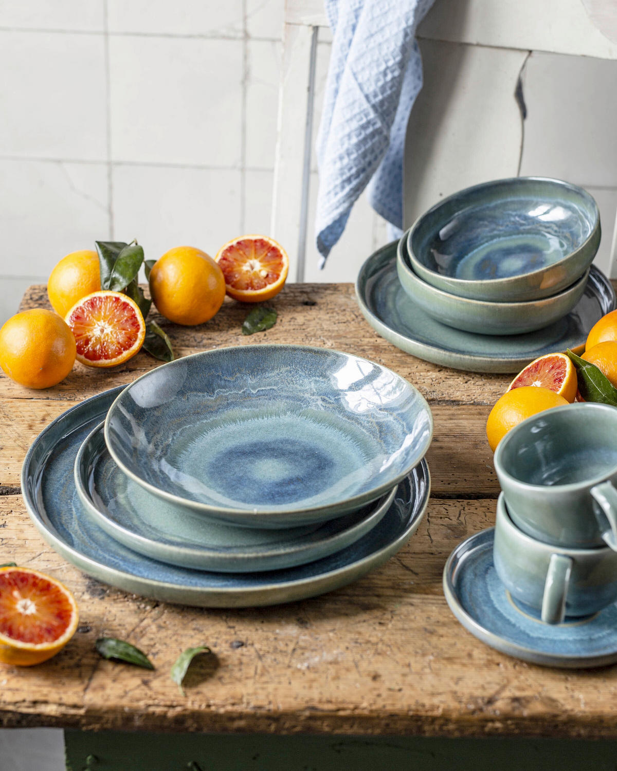 TAFELSERVICE Blau, Grün TIEFER SEE 12-teilig  - Blau/Grün, Basics, Keramik - Gipfelstück