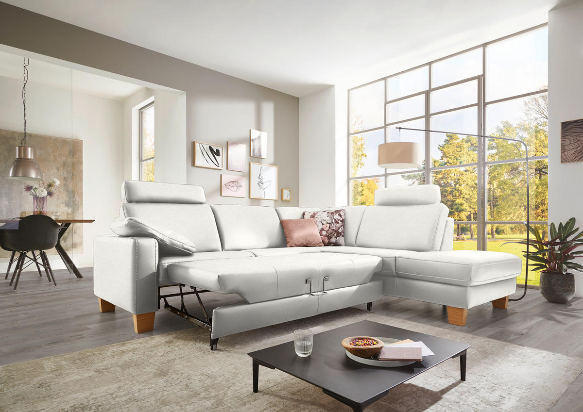 ECKSOFA in Echtleder Weiss  - Eiche Bianco/Weiss, Konventionell, Leder/Holz (257/235cm) - Valdera