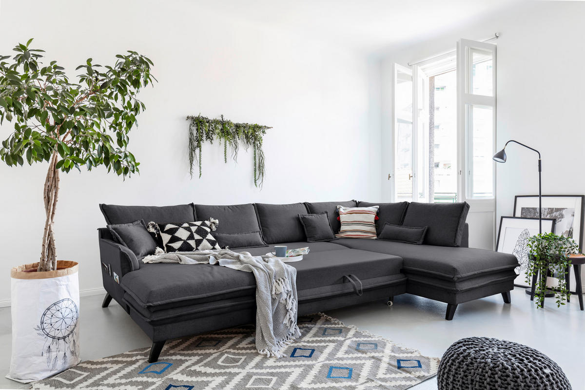 SEDEŽNA GARNITURA, mikrovlakna barve grafita  - črna/barve grafita, Design, tekstil/les (150/300/200cm) - P & B