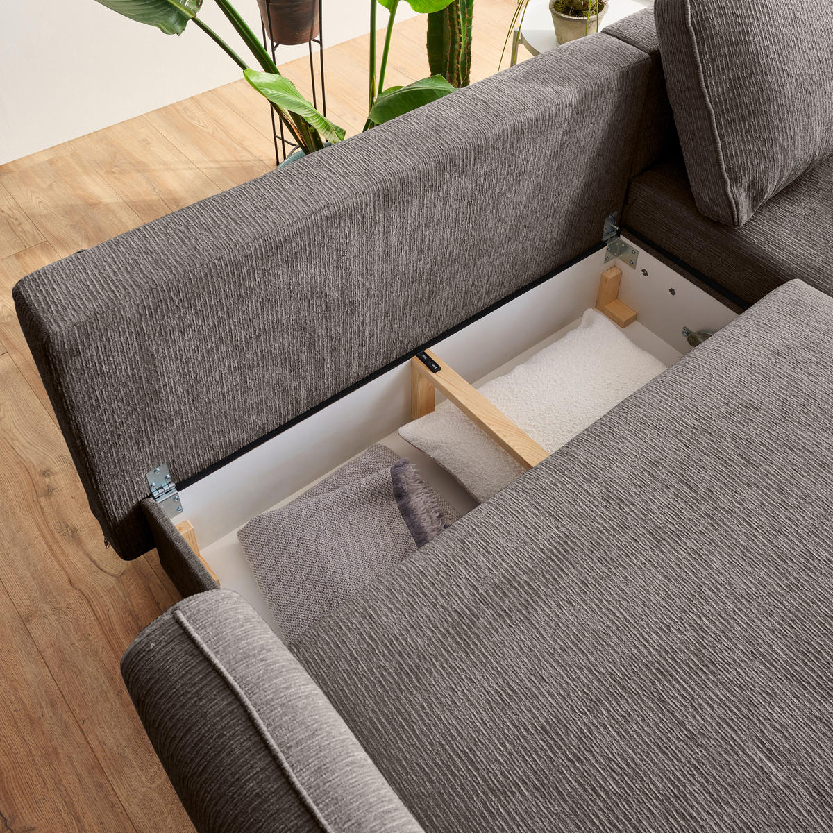 ECKSOFA Taupe Struktur  - Taupe/Schwarz, KONVENTIONELL, Holz/Textil (247/170cm) - Carryhome