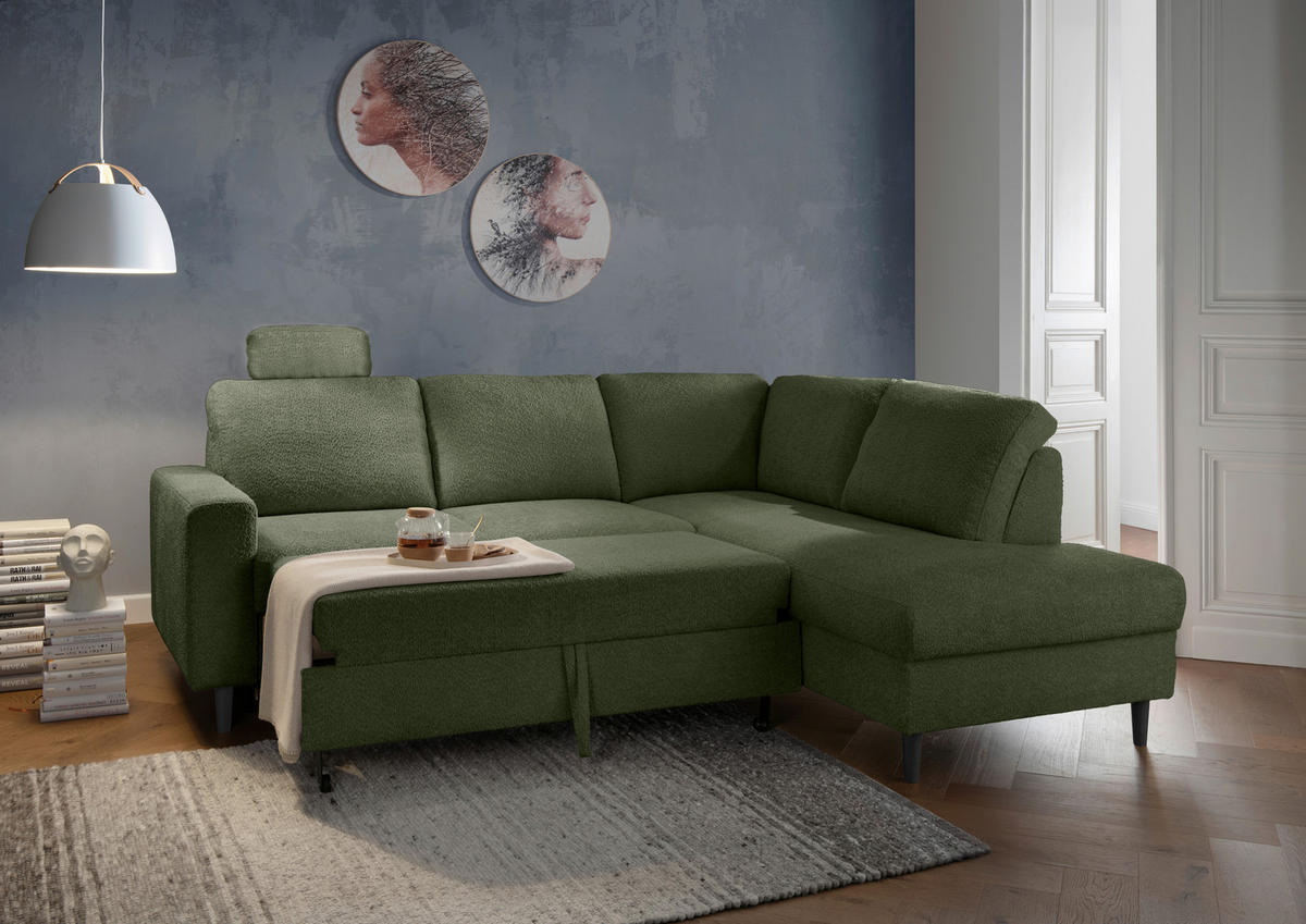ECKSCHLAFSOFA in Dunkelgrün Textil   - Dunkelgrün/Schwarz, Modern, Holz/Textil (242/200cm) - Livetastic