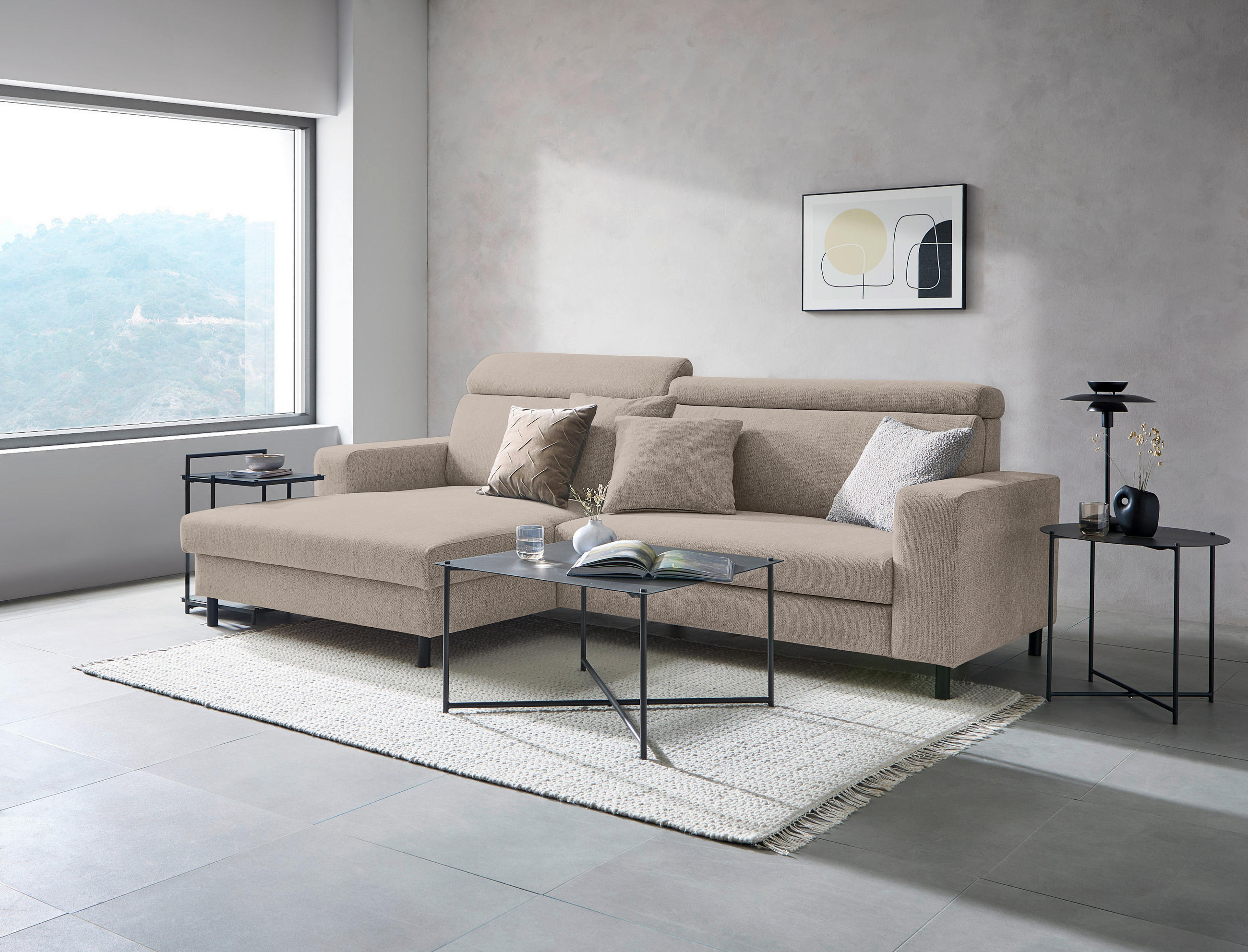 ECKSOFA Graubraun Flachgewebe  - Graubraun/Schwarz, Design, Textil/Metall (166/262cm) - Xora