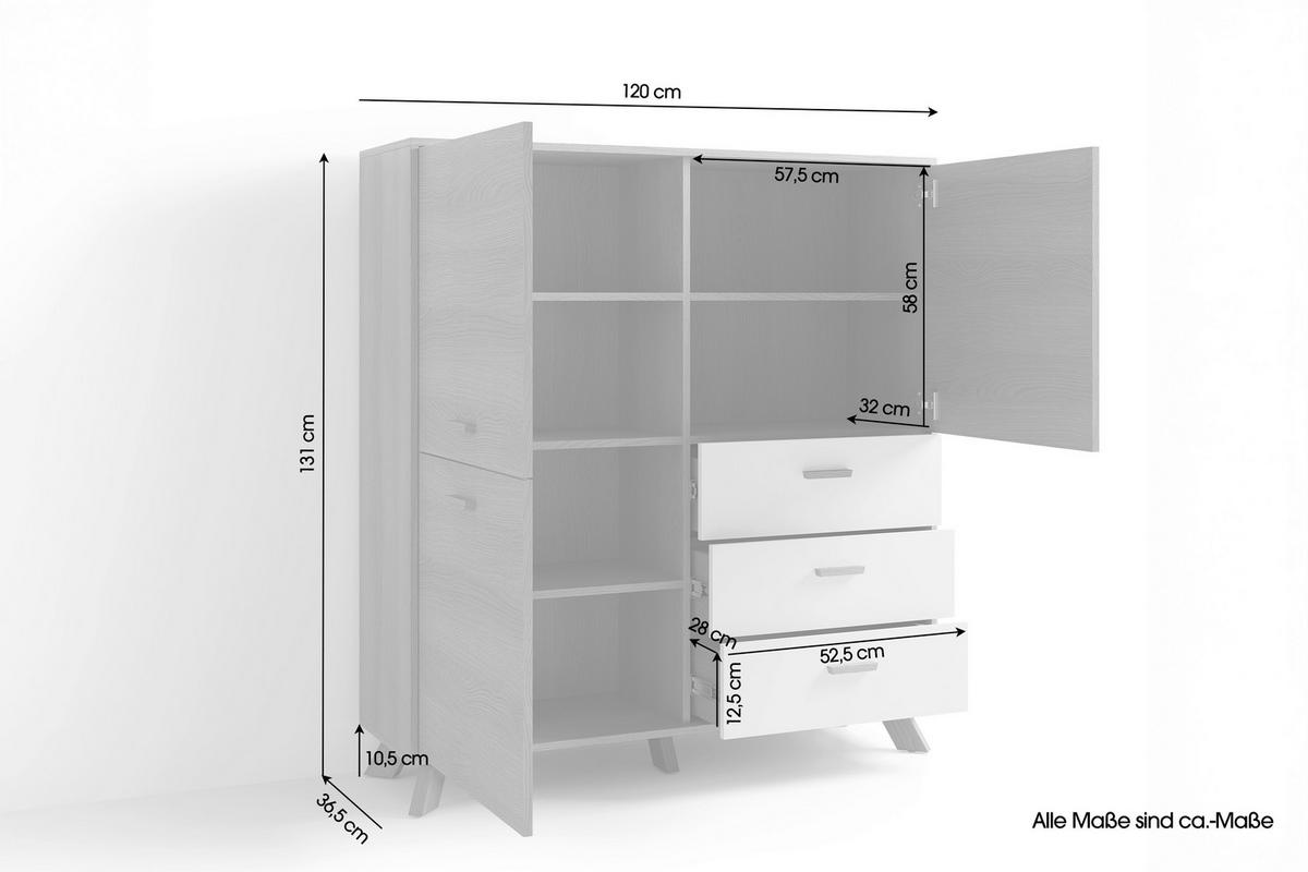 HIGHBOARD  in 120/131/36,5 cm  - Eiche Bianco/Eichefarben, Design, Holz/Holzwerkstoff (120/131/36,5cm) - MID.YOU