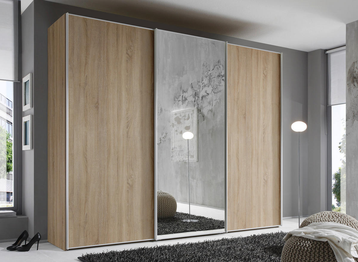 SCHWEBETÜRENSCHRANK 249/222/68 cm 3-türig Sonoma Eiche  - Alufarben/Sonoma Eiche, Design, Glas/Holzwerkstoff (249/222/68cm) - Moderano