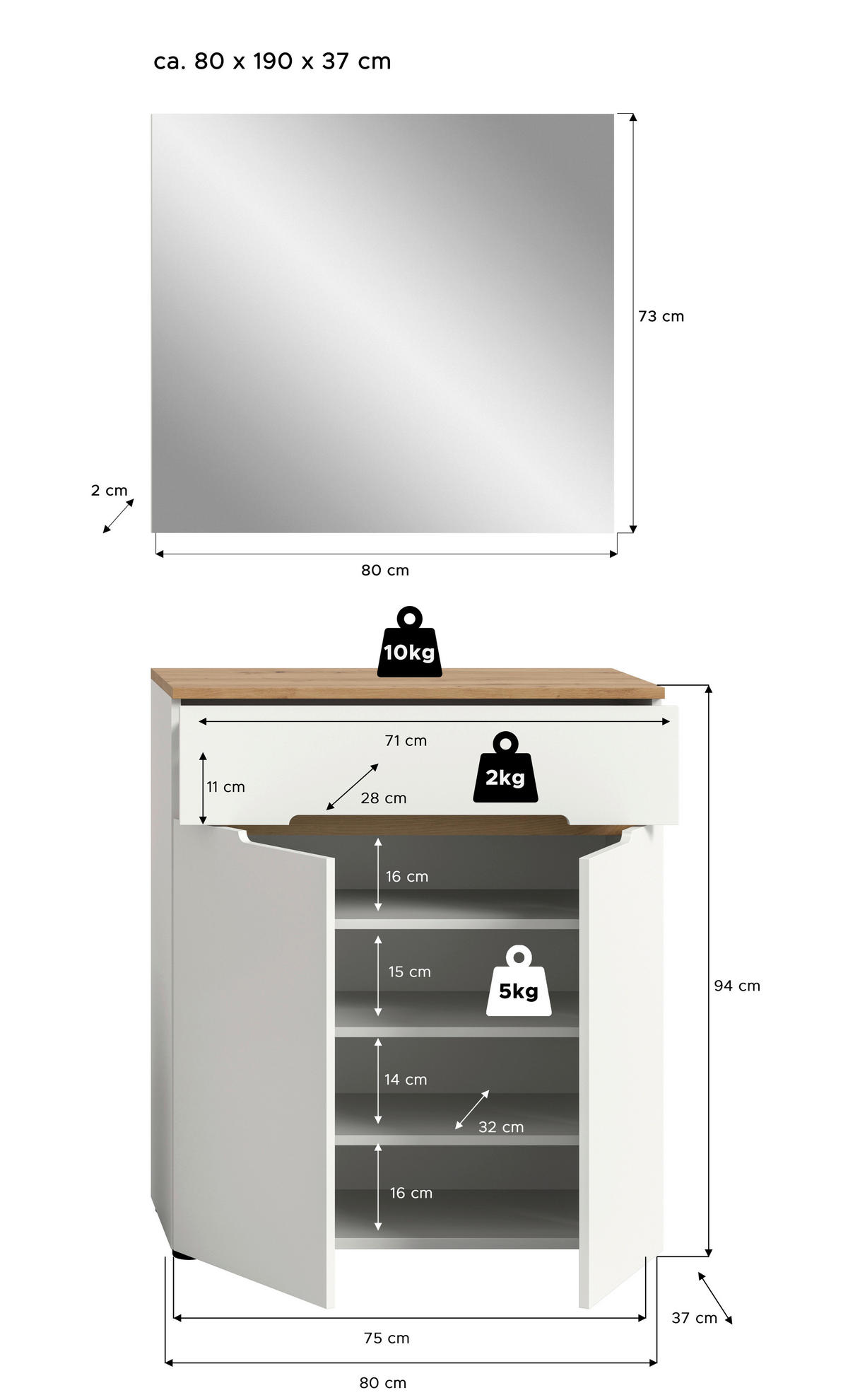 GARDEROBE 2-teilig  in 80/190/37 cm  - Weiß/Eiche Artisan, Design, Holzwerkstoff (80/190/37cm) - MID.YOU