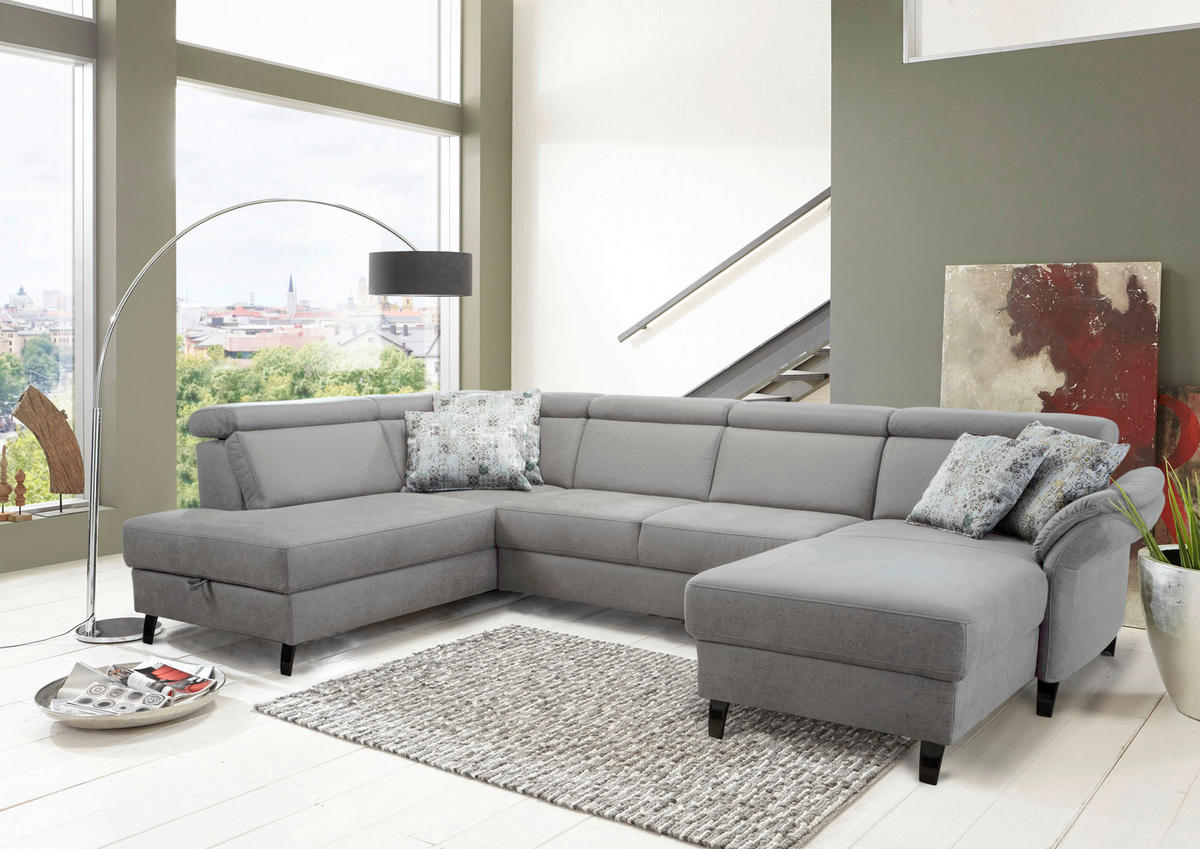WOHNLANDSCHAFT Hellgrau Mikrofaser  - Hellgrau/Schwarz, KONVENTIONELL, Textil/Metall (193/317/165cm) - Sit & More