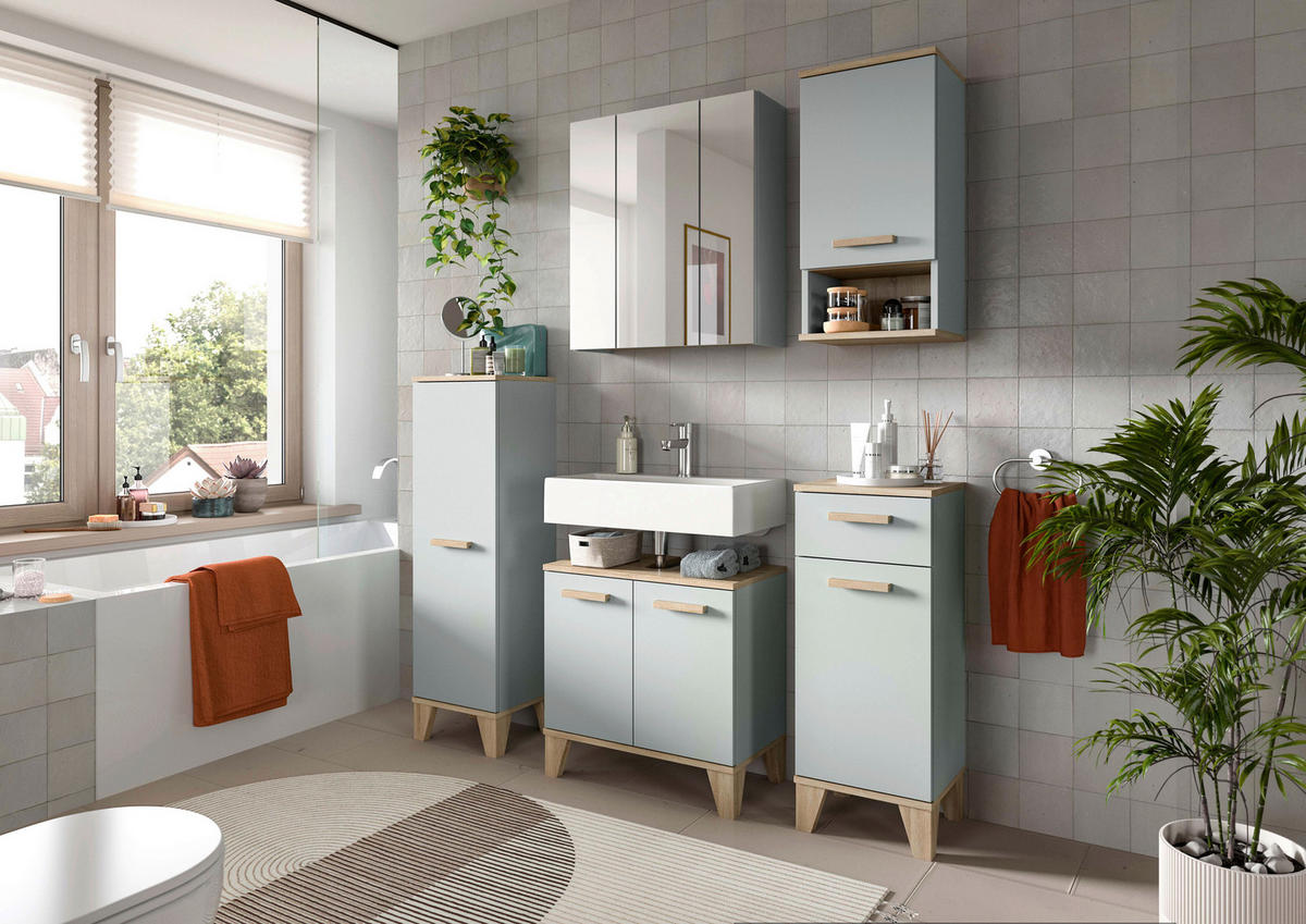 BADEZIMMER 4-teilig 94 cm  - Eiche San Remo/Graugrün, Modern, Holzwerkstoff/Kunststoff (94cm) - MID.YOU