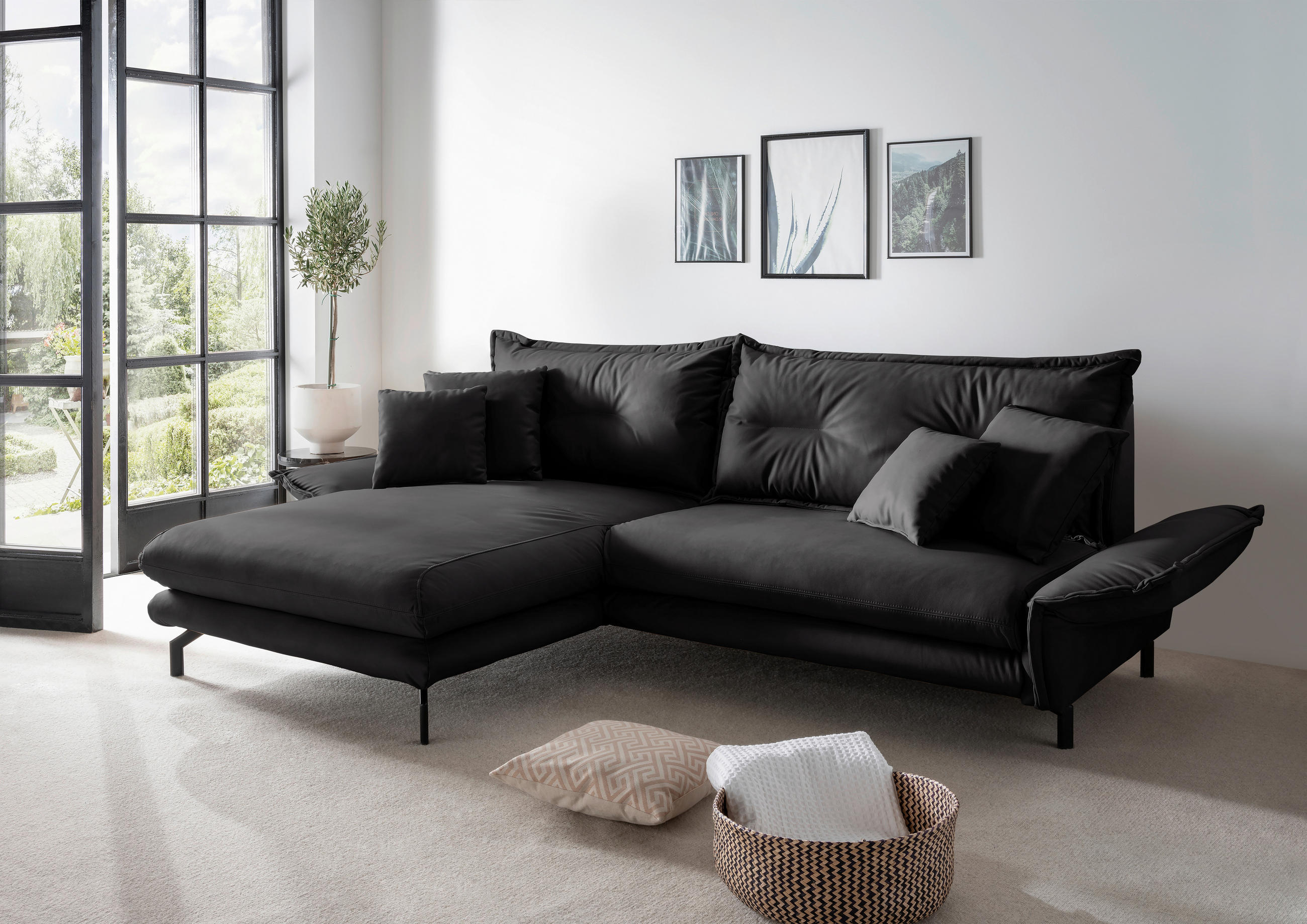 ECKSOFA in Lederlook Schwarz  - Schwarz, Modern, Textil/Metall (180/255cm) - Livetastic
