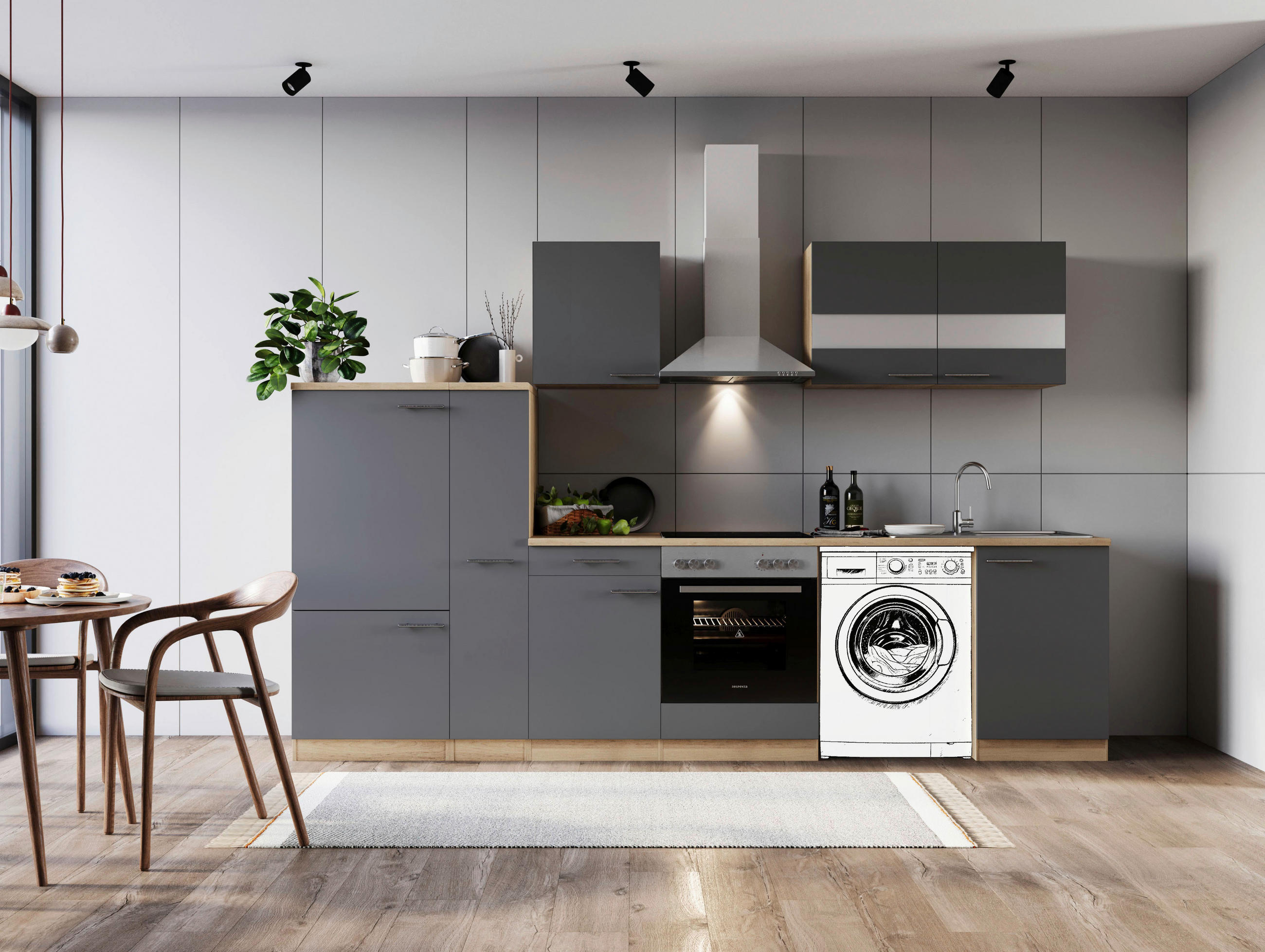 KÜCHENBLOCK 310 cm   in Grau  - Edelstahlfarben/Eichefarben, Basics, Glas/Holzwerkstoff (310cm) - Respekta