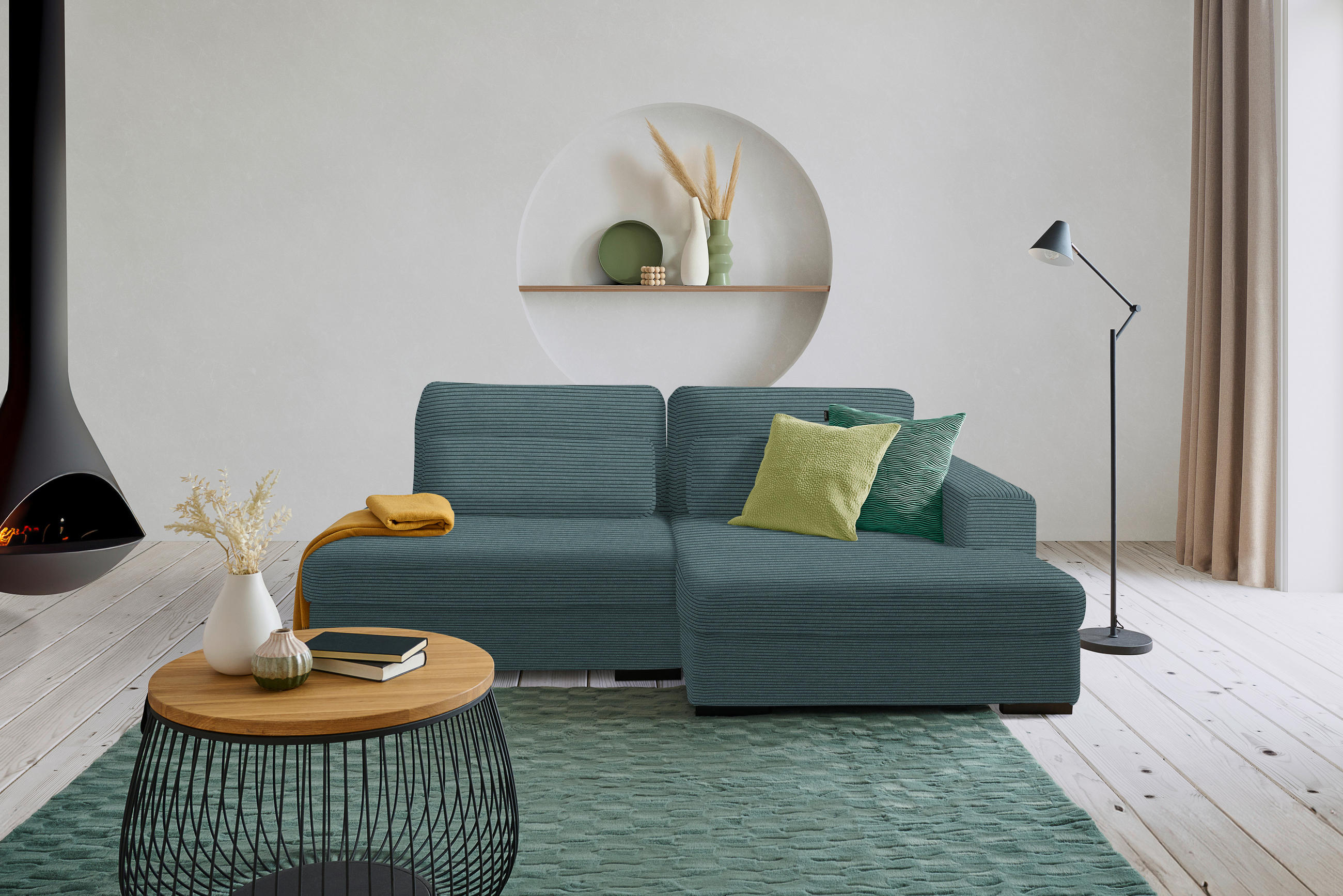 ECKSOFA in Velours, Cord Salbeigrün  - Salbeigrün/Schwarz, Design, Kunststoff/Textil (223/158cm) - Lomoco