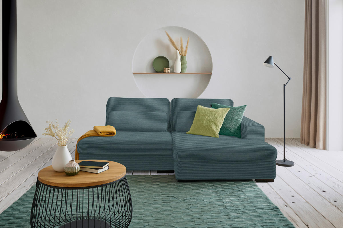 ECKSOFA in Velours, Cord Salbeigrün  - Salbeigrün/Schwarz, Design, Kunststoff/Textil (223/158cm) - Lomoco
