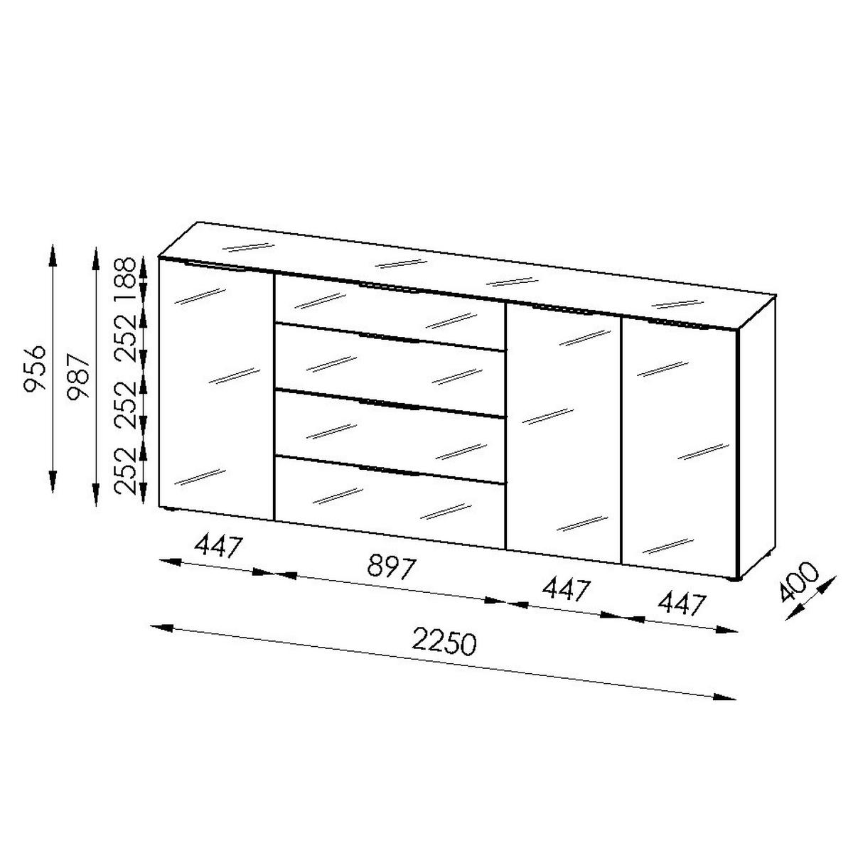 SIDEBOARD Style  in 225/98,7/40 cm  - Weiß Hochglanz/Schwarz, Basics, Glas/Holzwerkstoff (225/98,7/40cm)