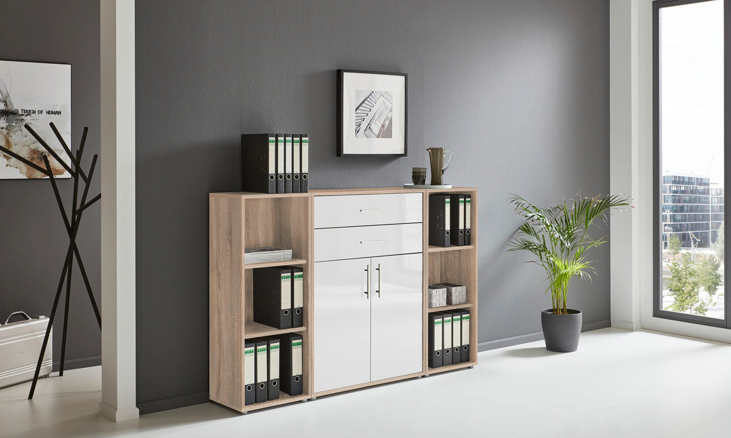 AKTENSCHRANK Sonoma Eiche, Weiß Hochglanz  - Weiß Hochglanz/Sonoma Eiche, MODERN, Holzwerkstoff (172,6/113,6/33cm) - MID.YOU