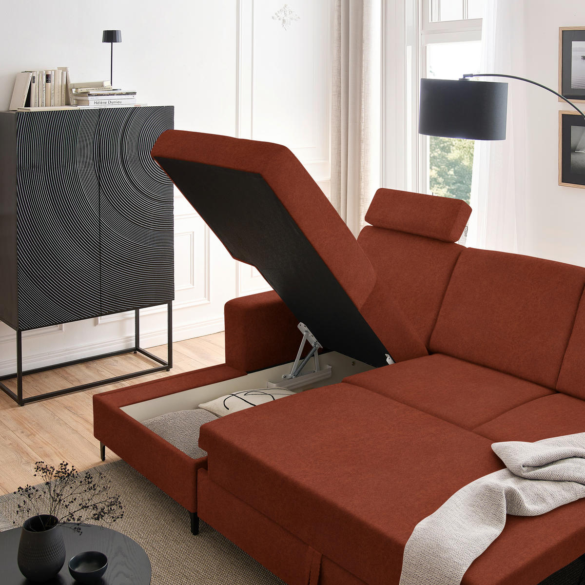 ECKSOFA in Velours Rostfarben  - Rostfarben/Schwarz, Konventionell, Textil/Metall (167/247cm) - Stylife