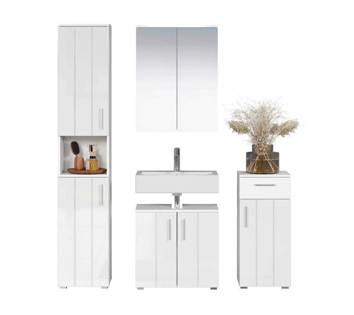 BADEZIMMER 4-teilig  in 164 cm  - Weiß Hochglanz/Silberfarben, Trend, Glas/Holzwerkstoff (164cm) - MID.YOU