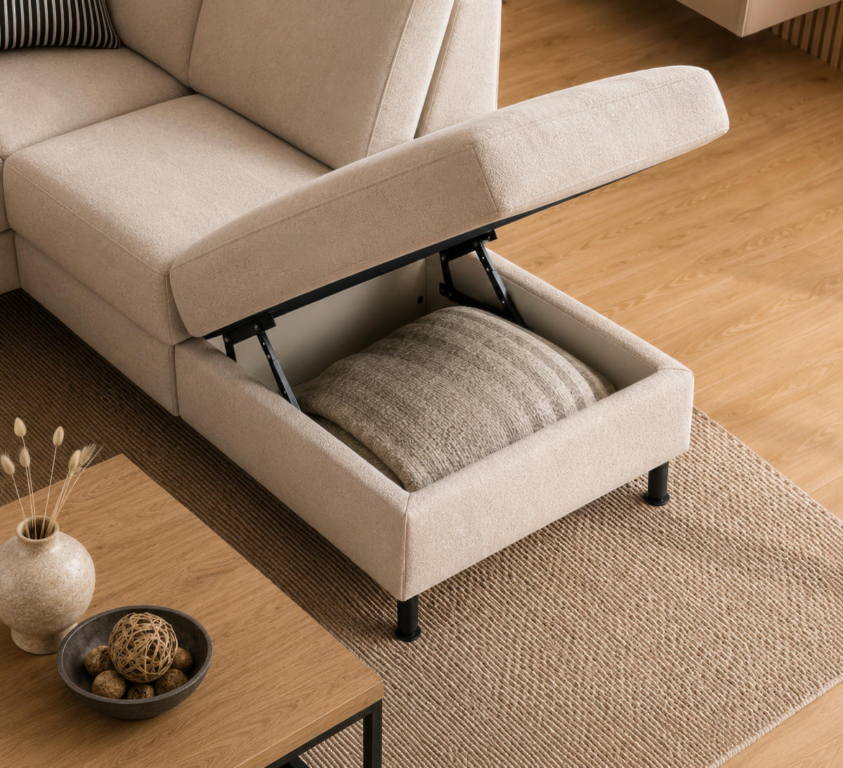 ECKSOFA Creme Chenille Rücken echt  - Creme/Schwarz, Design, Textil/Metall (227/203cm) - Beldomo System