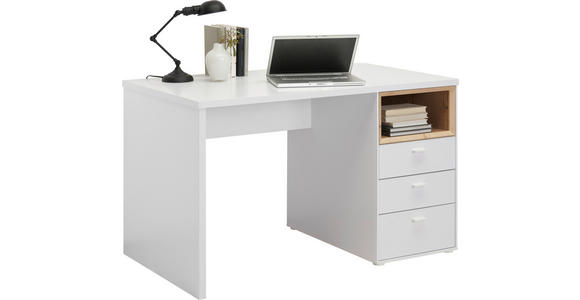 SCHREIBTISCH 120/70/74 cm Weiß, Eichefarben Stauraum  - Eichefarben/Alufarben, Design, Holzwerkstoff/Metall (120/70/74cm) - Hom`in