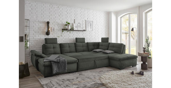 WOHNLANDSCHAFT in Mikrovelours Dunkelgrün - Dunkelgrün/Schwarz, KONVENTIONELL, Kunststoff/Textil (127/334/217cm) - Carryhome