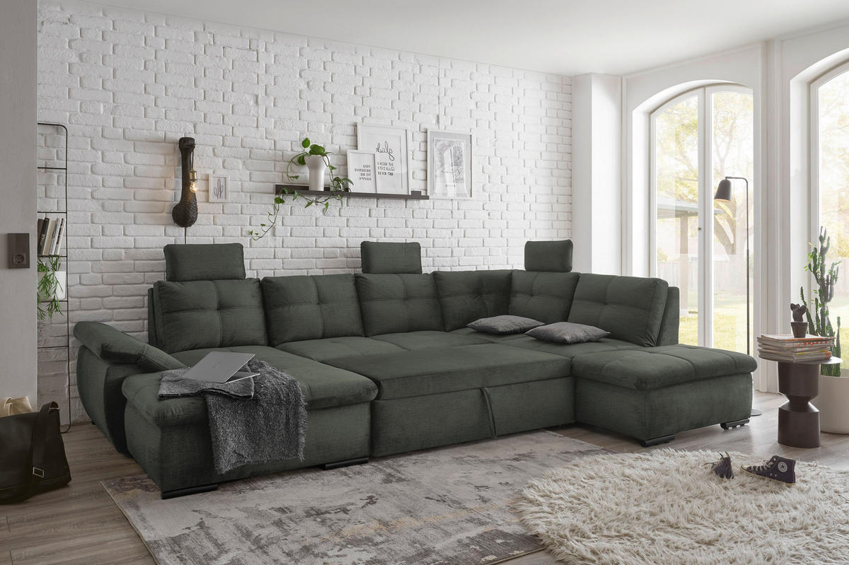 WOHNLANDSCHAFT Dunkelgrün Mikrovelours  - Dunkelgrün/Schwarz, KONVENTIONELL, Kunststoff/Textil (127/334/217cm) - Carryhome