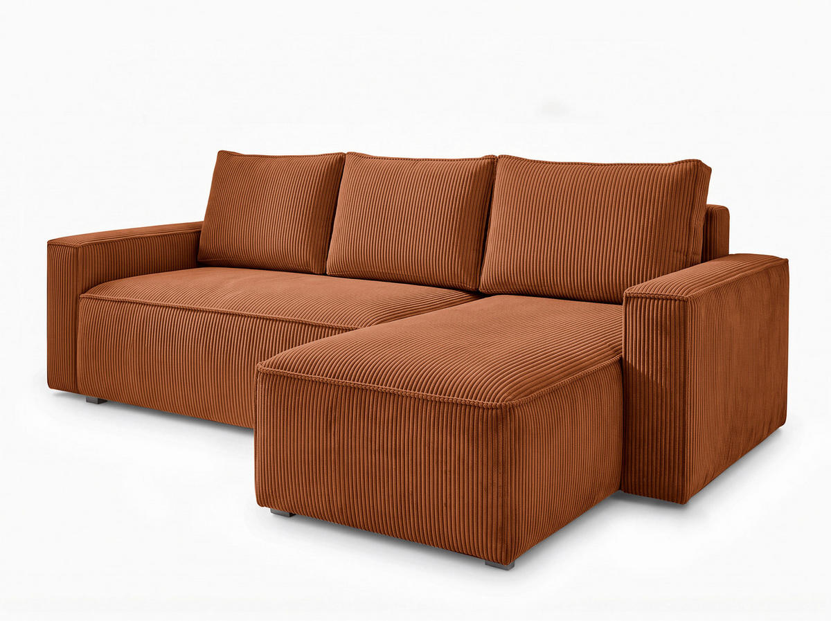 ECKSOFA Rostfarben Cord Rückenkissen, Bettkasten, Schlaffunktion, Rücken echt, Liegefläche im Originalstoff  - Rostfarben/Schwarz, MODERN, Kunststoff/Textil (232/140cm) - Xora