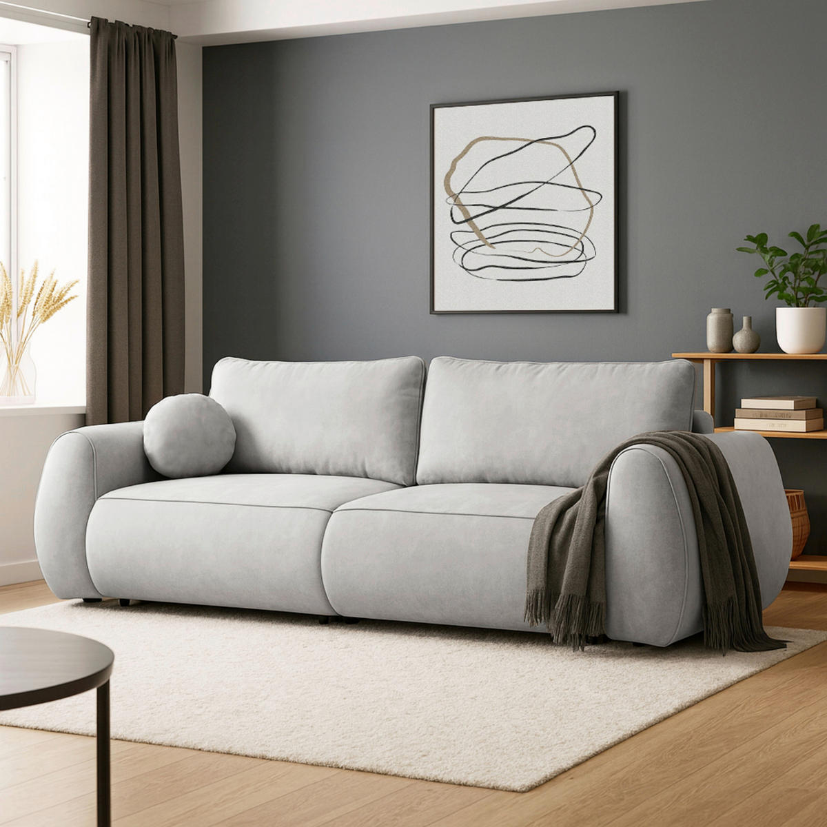 SCHLAFSOFA Chenille Hellgrau  inkl. Zierkissen, Rückenkissen, Bettkasten, Schlaffunktion, Rücken echt, Liegefläche im Originalstoff  - Hellgrau/Schwarz, KONVENTIONELL, Kunststoff/Textil (257/96/110cm) - Milino
