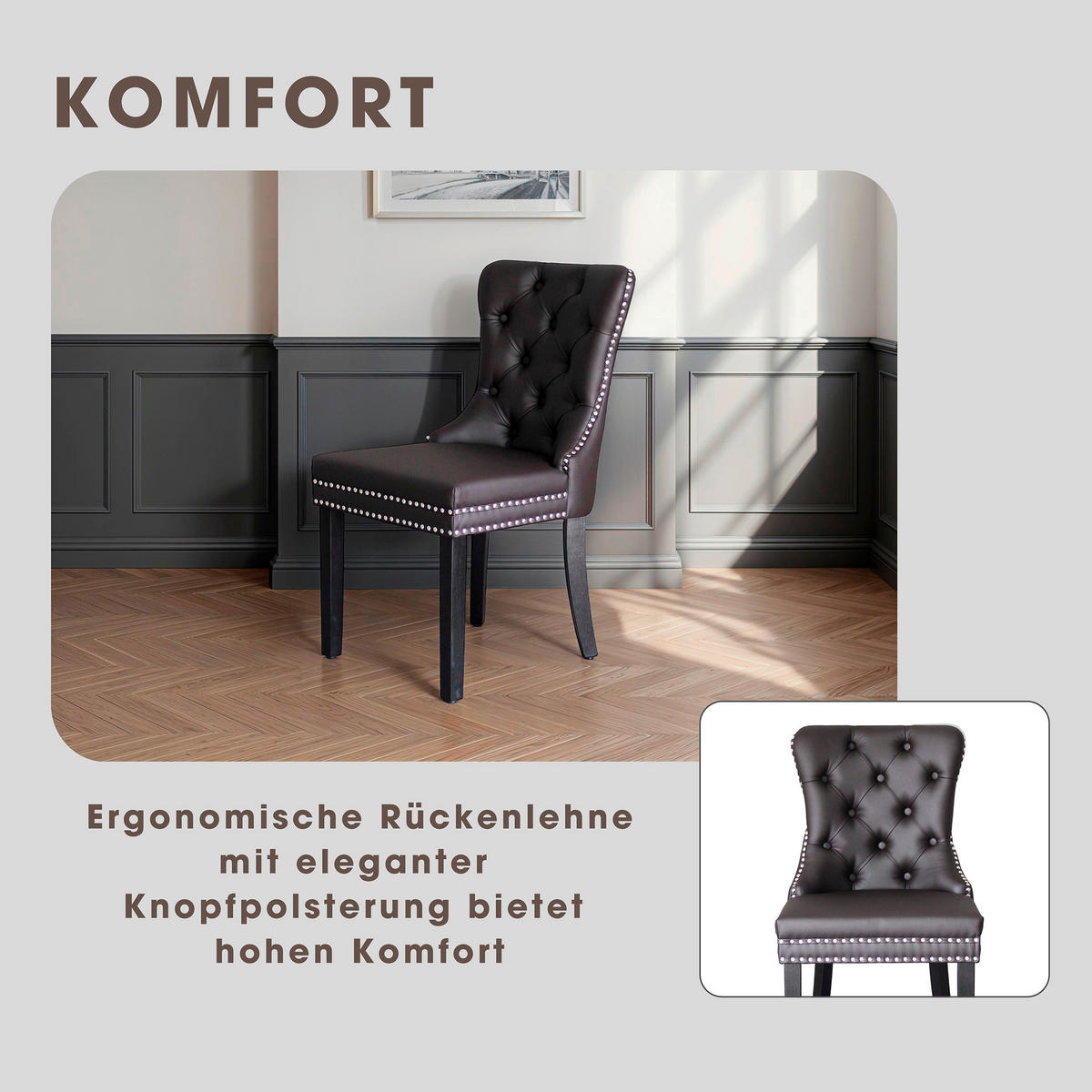 STUHL-SET Lederlook Dunkelbraun Kautschukholz massiv  - Dunkelbraun/Schwarz, MODERN, Holz/Textil (48,5/93/61cm) - MID.YOU