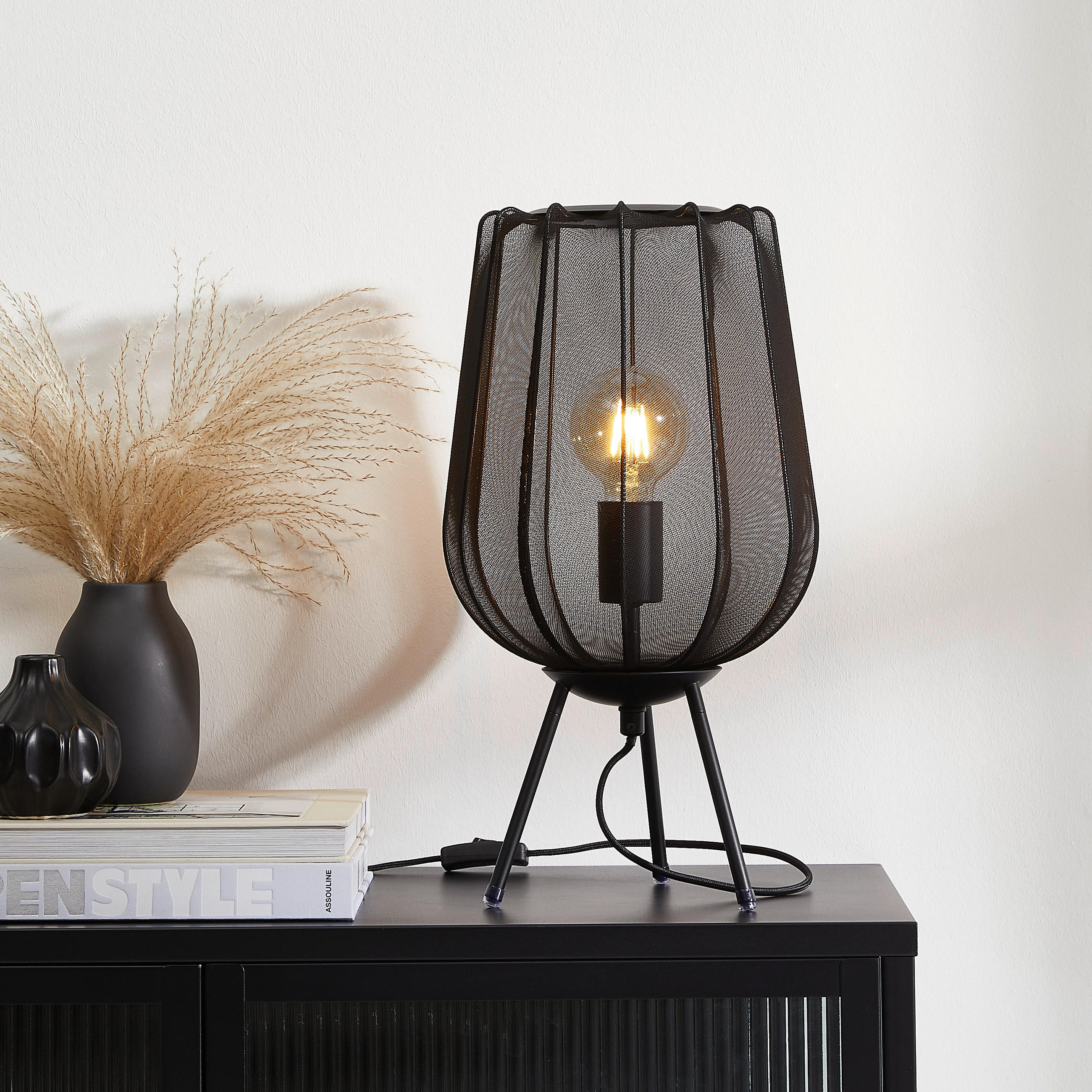 TISCHLEUCHTE 25/45 cm   - Schwarz, Trend, Textil/Metall (25/45cm) - Light & Living