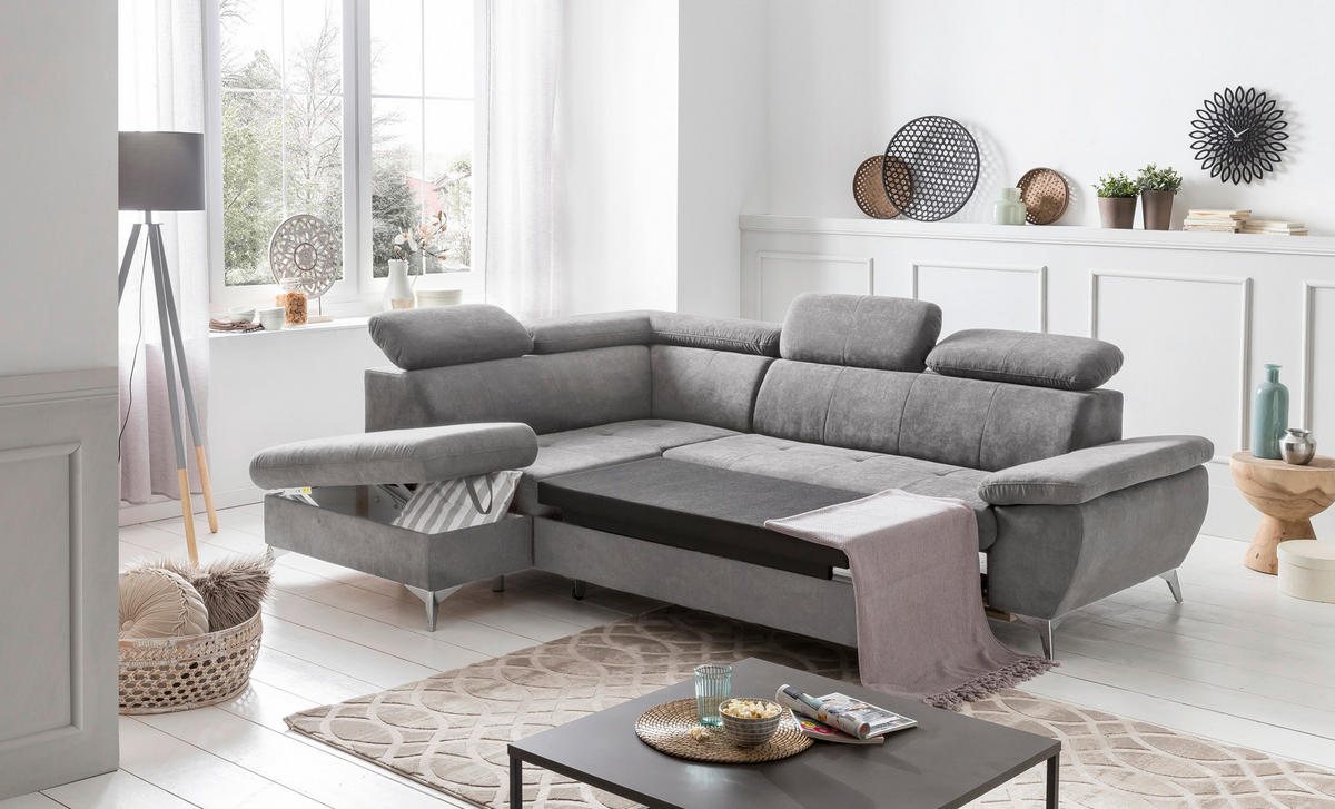 ECKSOFA Grau Mikrofaser  - Chromfarben/Grau, KONVENTIONELL, Textil/Metall (209/256cm) - Livetastic