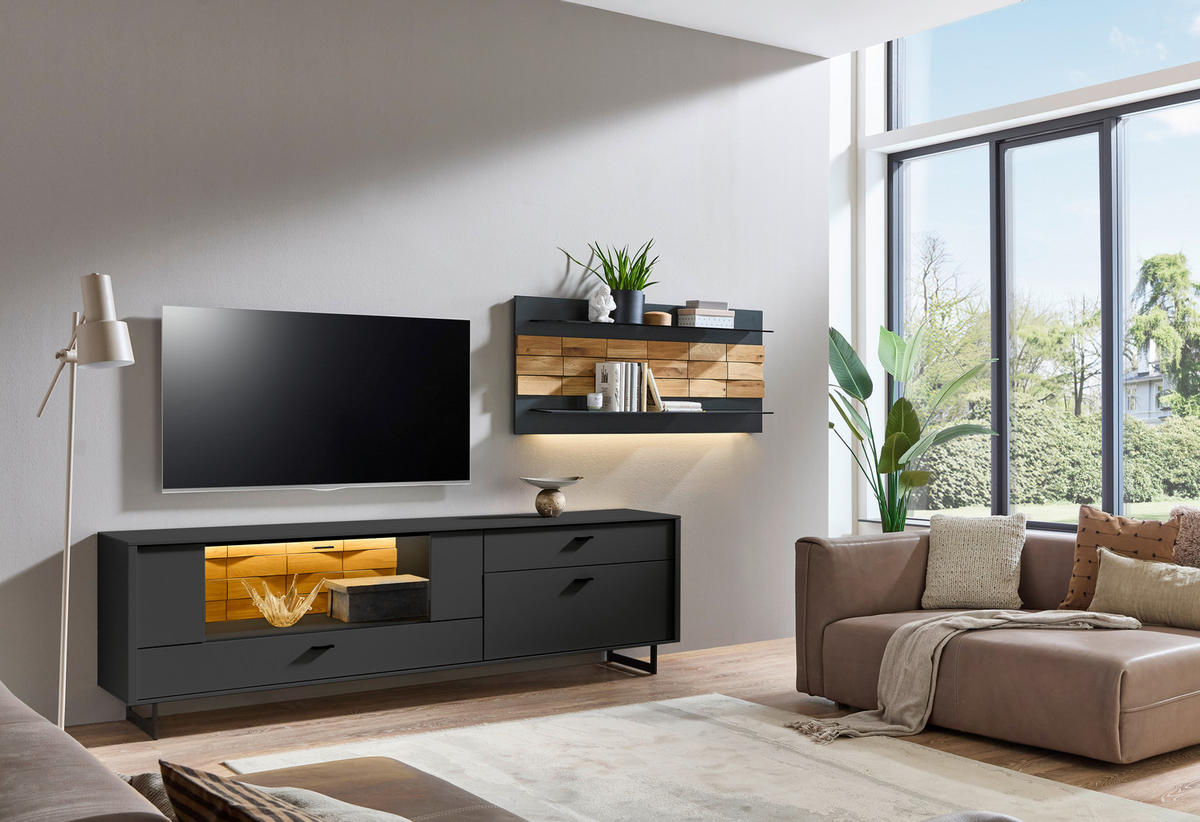 LOWBOARD  in 223,8/69,6/46,4 cm  - Eichefarben/Anthrazit, Design, Glas/Holz (223,8/69,6/46,4cm) - Novel