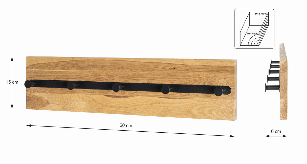 WANDGARDEROBE  in Eiche massiv Schwarz, Eichefarben  - Eichefarben/Schwarz, Design, Holz/Metall (60/15/6cm)