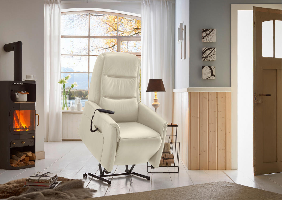 FERNSEHSESSEL Valdera  mit Relaxfunktion, Aufstehhilfe, Rücken echt Echtleder Ecru  - Ecru/Schwarz, KONVENTIONELL, Leder/Kunststoff (70/107/88cm) - Livetastic