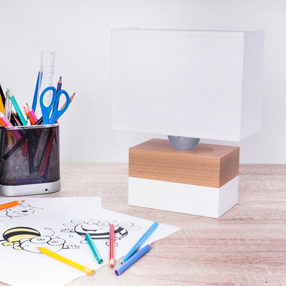 STOLNÍ LAMPA, E27, 20/10,5/27 cm - bílá/přírodní barvy, Basics, dřevo (20/10,5/27cm)