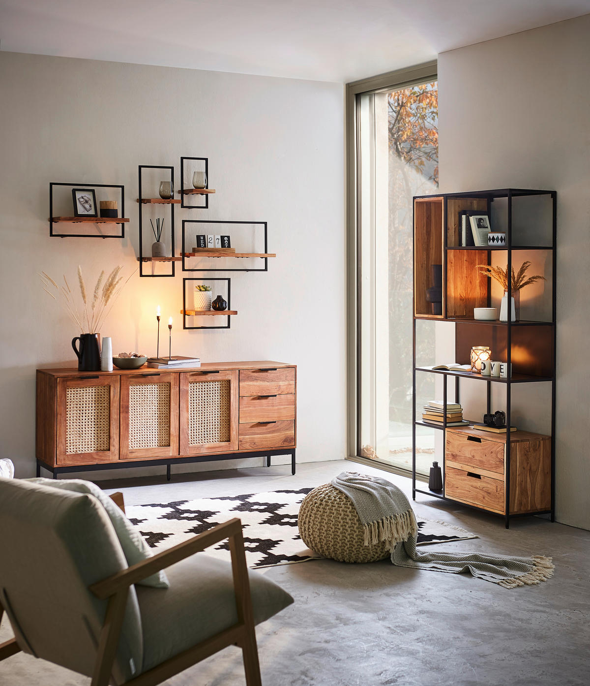 SIDEBOARD Wiener Geflecht  in 170/75/40 cm  - Schwarz/Akaziefarben, LIFESTYLE, Holz/Metall (170/75/40cm) - Landscape