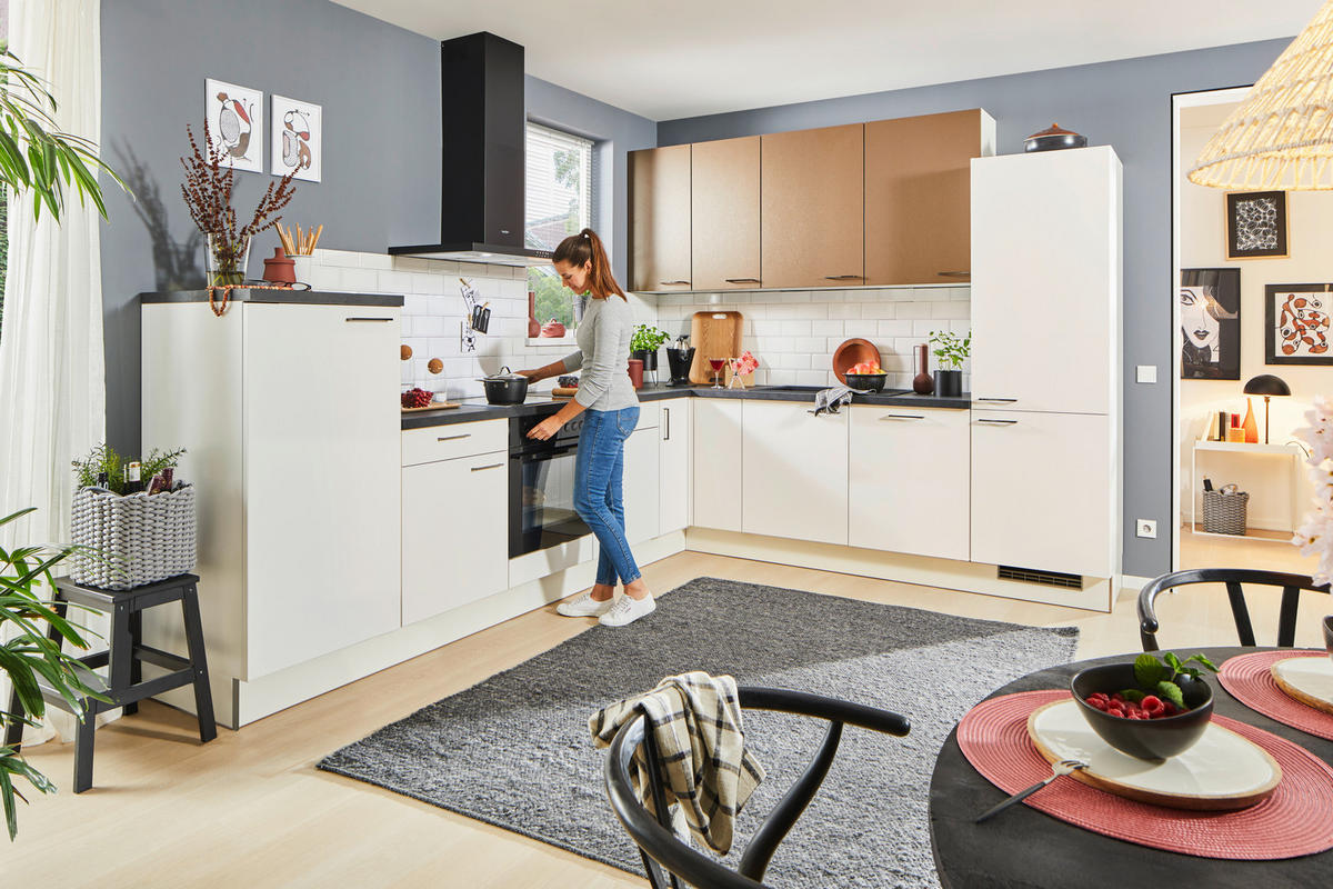 ECKKÜCHE 330/270 cm  in Weiß, Bronzefarben  - Schwarz/Weiß, Design, Holzwerkstoff/Metall (330/270cm) - Xora