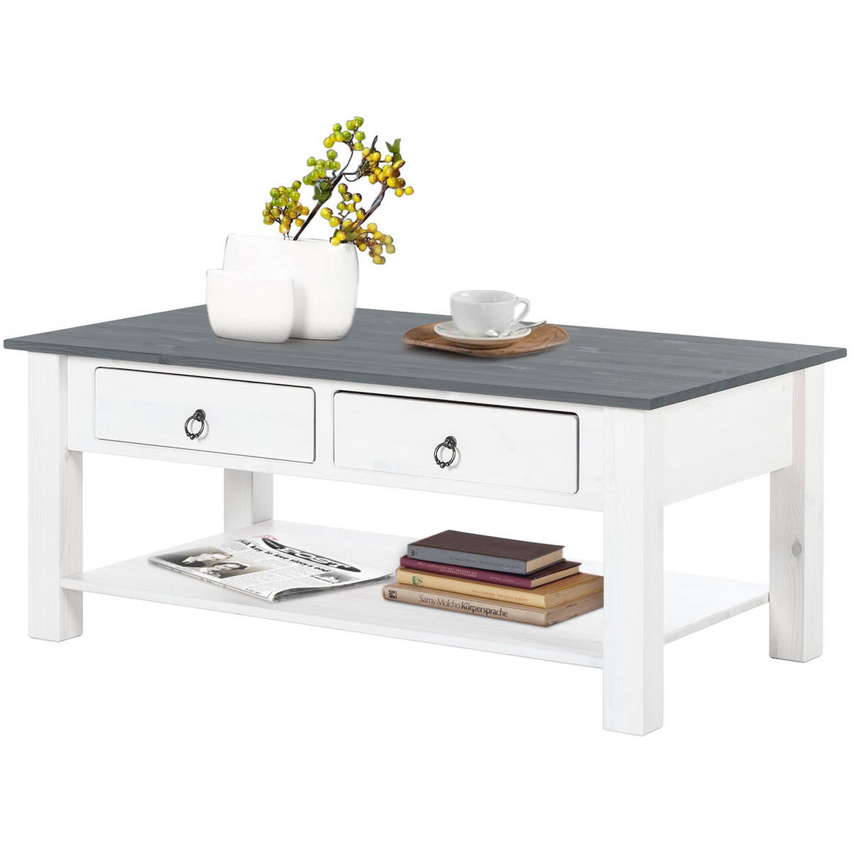 COUCHTISCH Ines Kiefer 110/45/60 cm rechteckig Grau, Weiß  - Bronzefarben/Weiß, Design, Holz/Metall (110/45/60cm) - MID.YOU