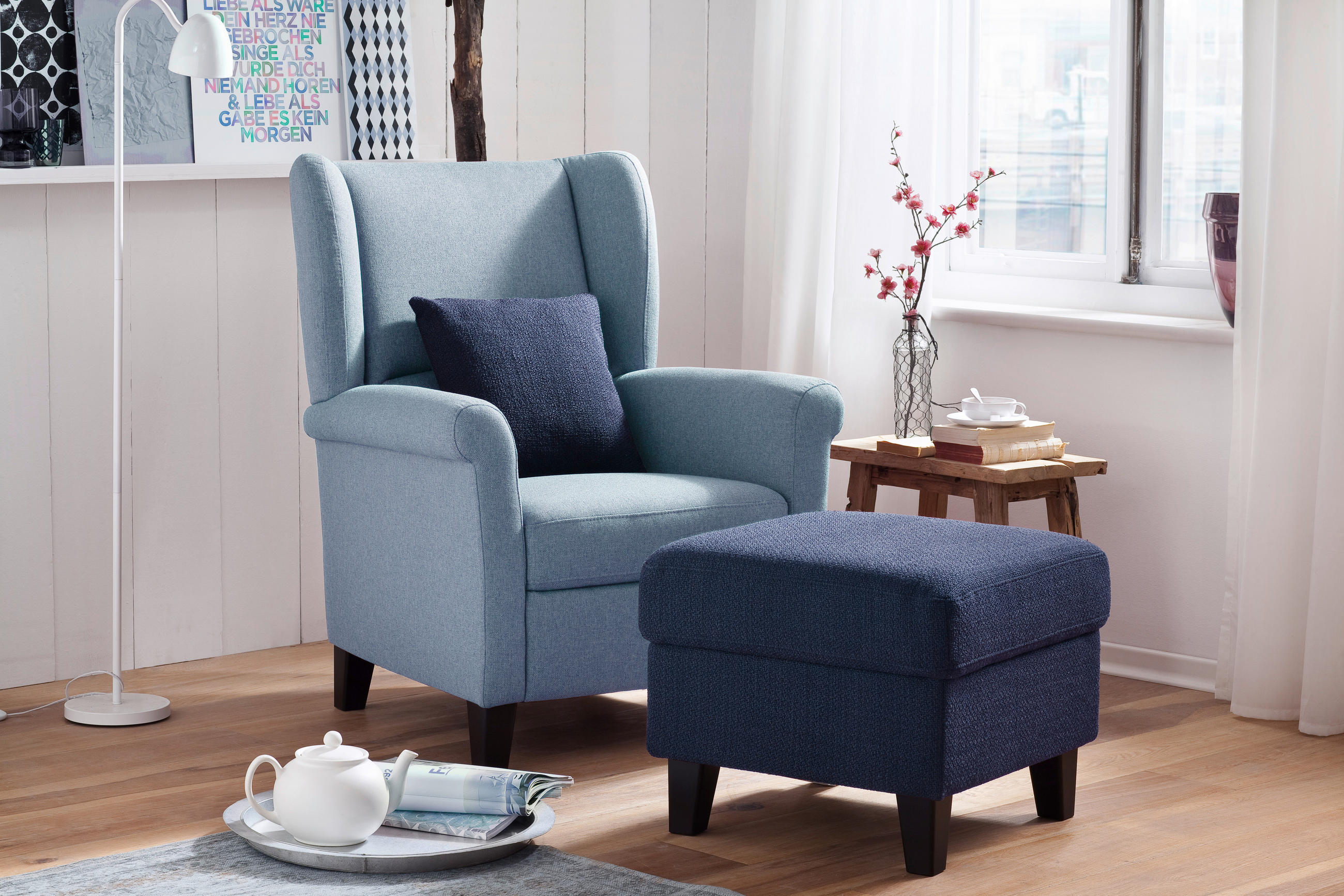 HOCKER Velours Hellblau  - Wengefarben/Hellblau, KONVENTIONELL, Holz/Textil (56/46/56cm) - Pure Home Comfort