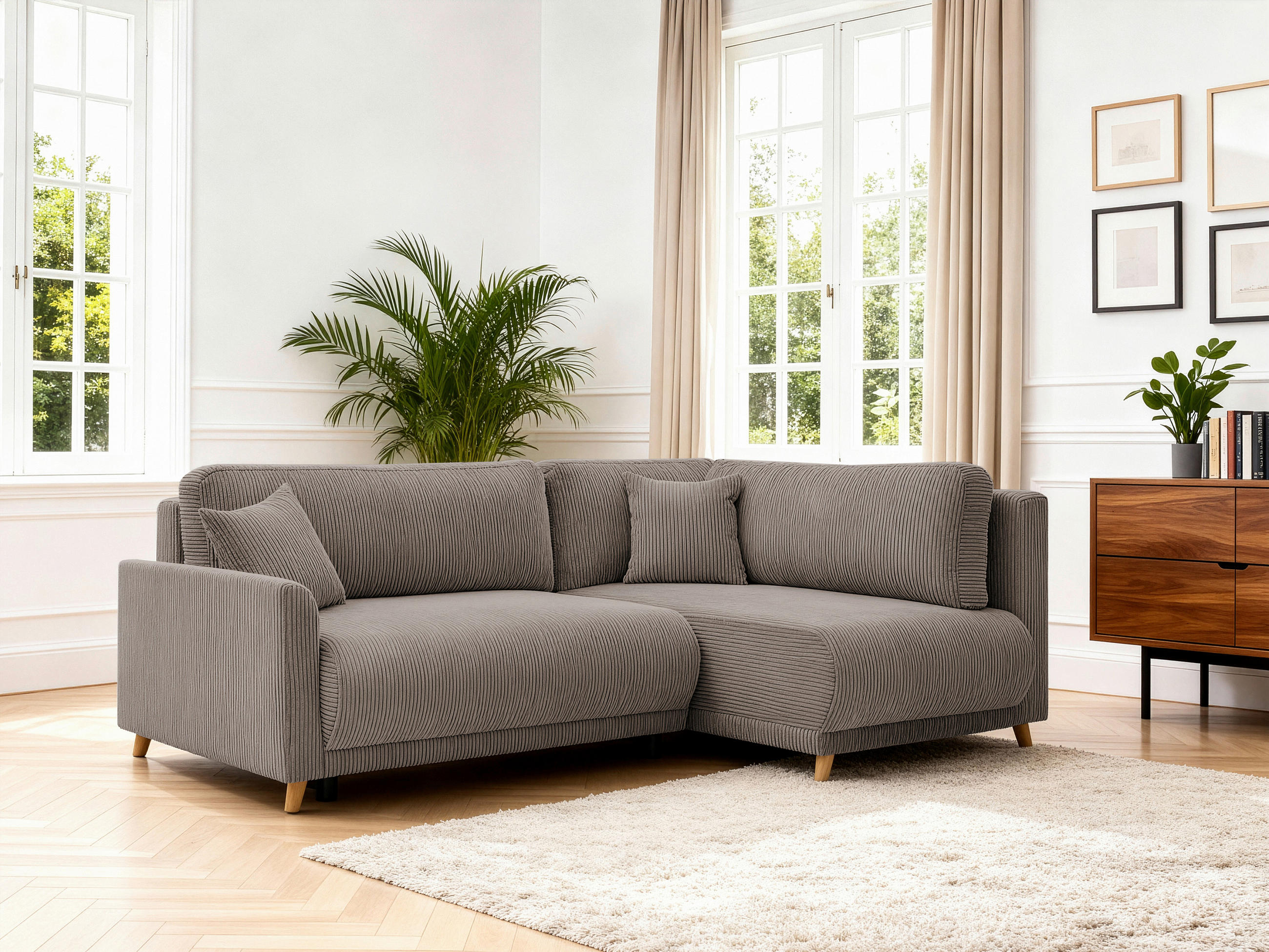 ECKSOFA MILOS Hellbraun Cord Rückenkissen, Bettkasten, Schlaffunktion, Rücken echt  - Hellbraun/Naturfarben, Design, Textil (224/148cm) - P & B