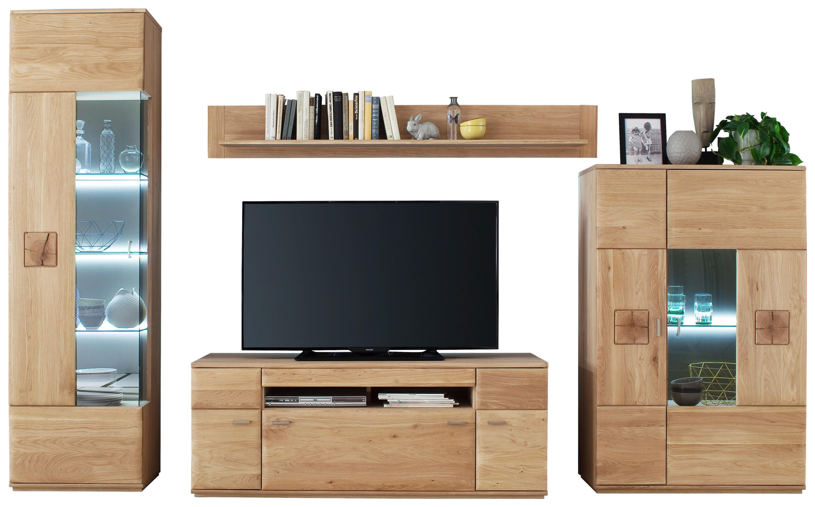 WOHNWAND  in Eichefarben  320/208/50 cm  - Eichefarben/Nickelfarben, Design, Glas/Holz (320/208/50cm) - Livetastic