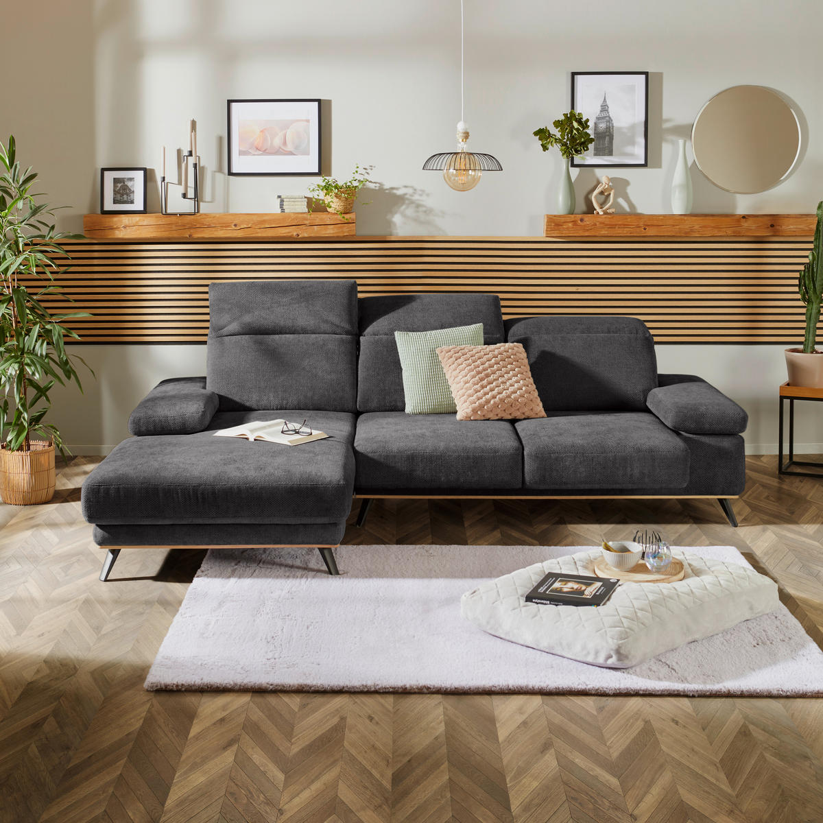 ECKSOFA ROYCE Graphitfarben Struktur  - Schwarz/Graphitfarben, MODERN, Textil/Metall (194/283cm) - MID.YOU