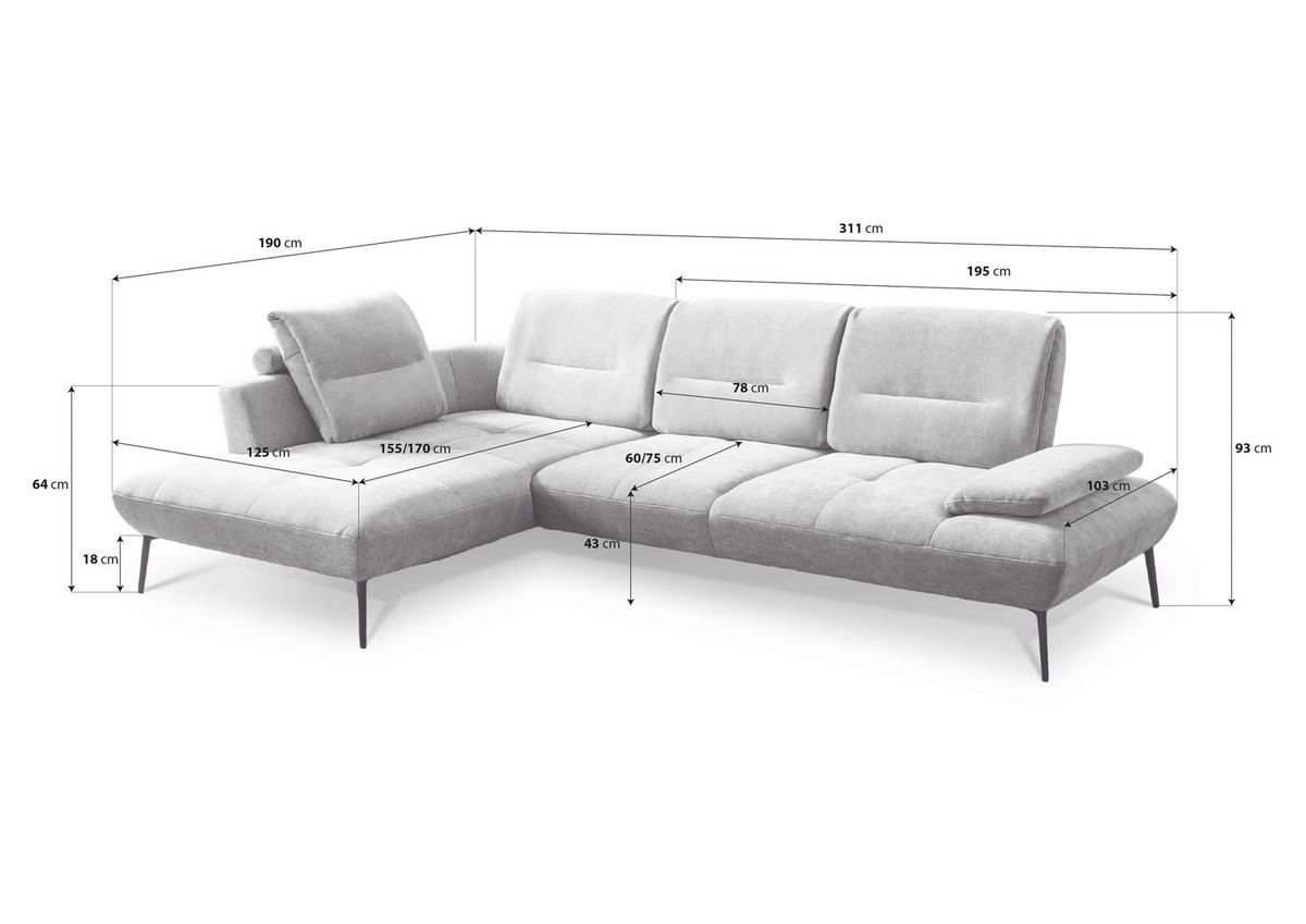 ECKSOFA Taupe Chenille Rücken echt, Sitztiefenverstellung  - Taupe/Schwarz, Design, Textil/Metall (190/320cm) - Moderano