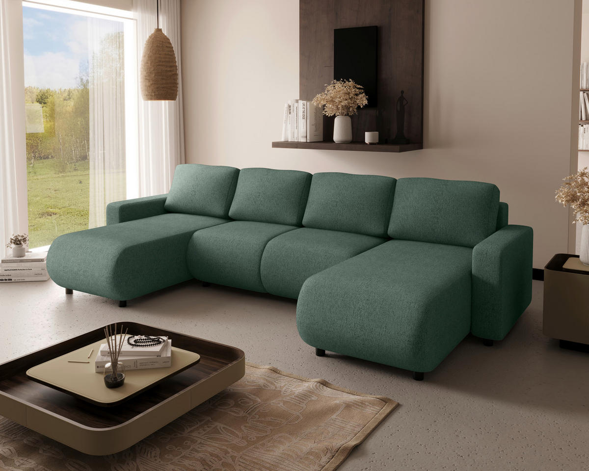 WOHNLANDSCHAFT Grün Webstoff  - Schwarz/Grün, MODERN, Kunststoff/Textil (150/312/150cm) - Xora